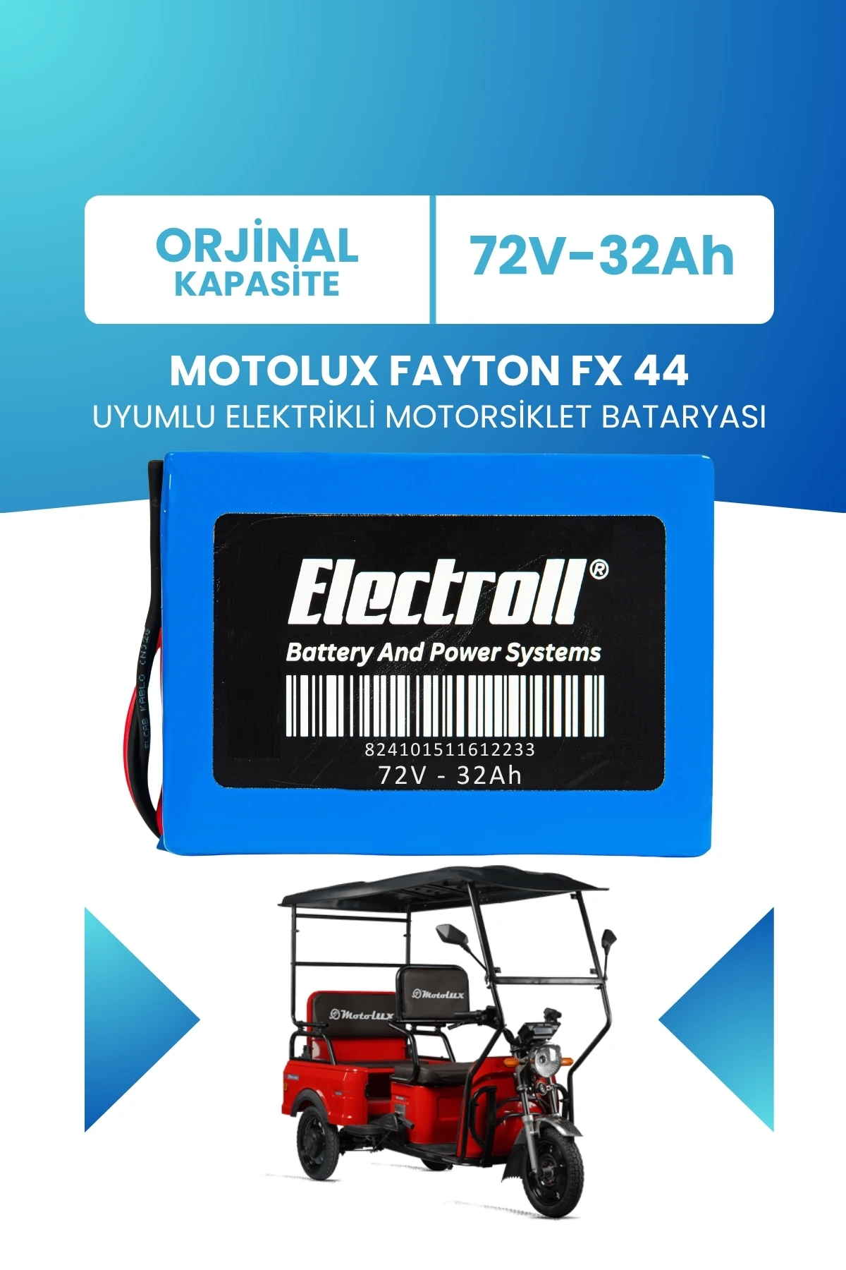 Motolux Fayton FX 44 Uyumlu Batarya (Standart Kapasite) LiFePO4 72V 32Ah Elektrikli Motorsiklet Bataryası