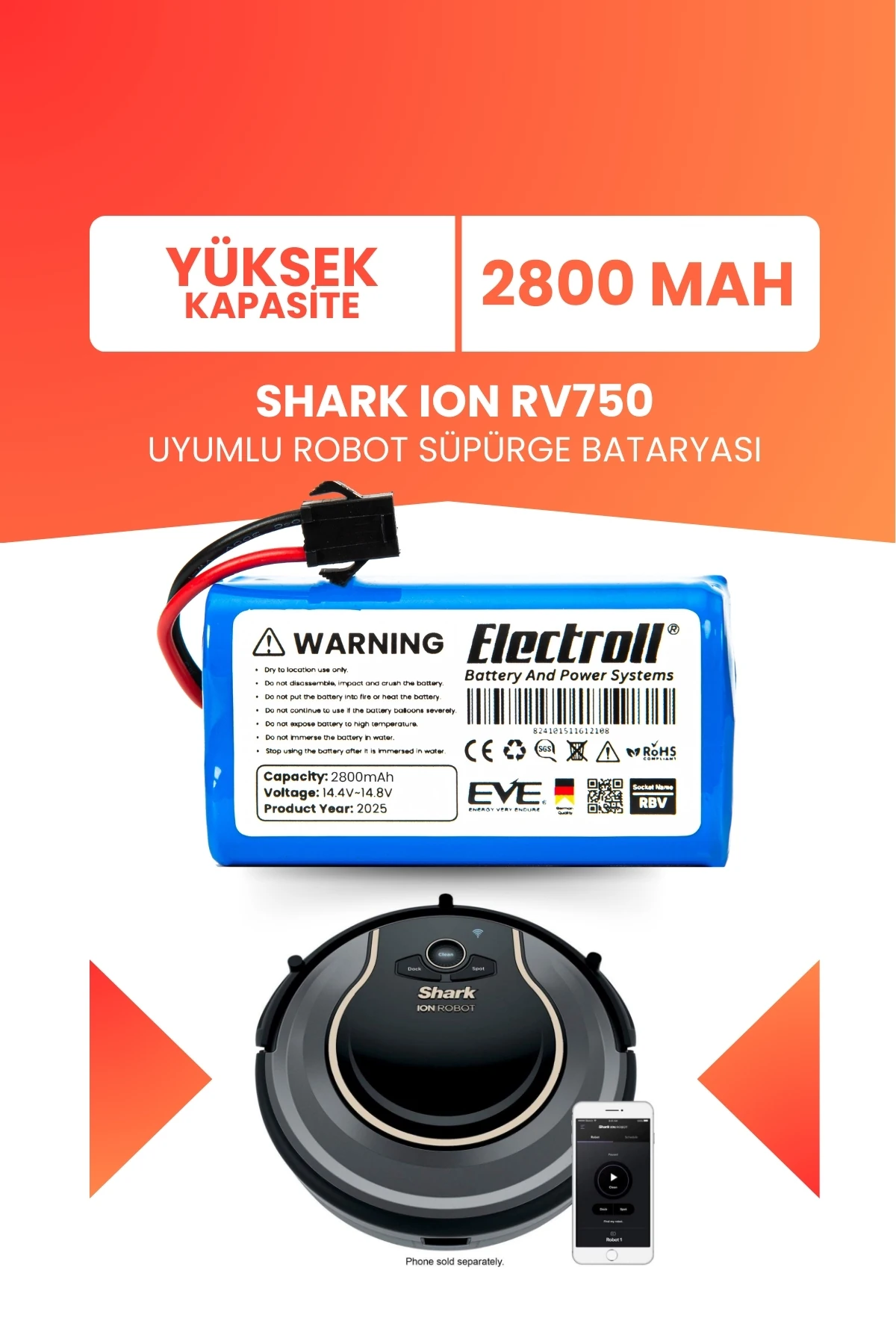 Shark Ion Rv750 Uyumlu Batarya (YÜKSEK KAPASİTE) 2800mah Pil Robot Süpürge Bataryası
