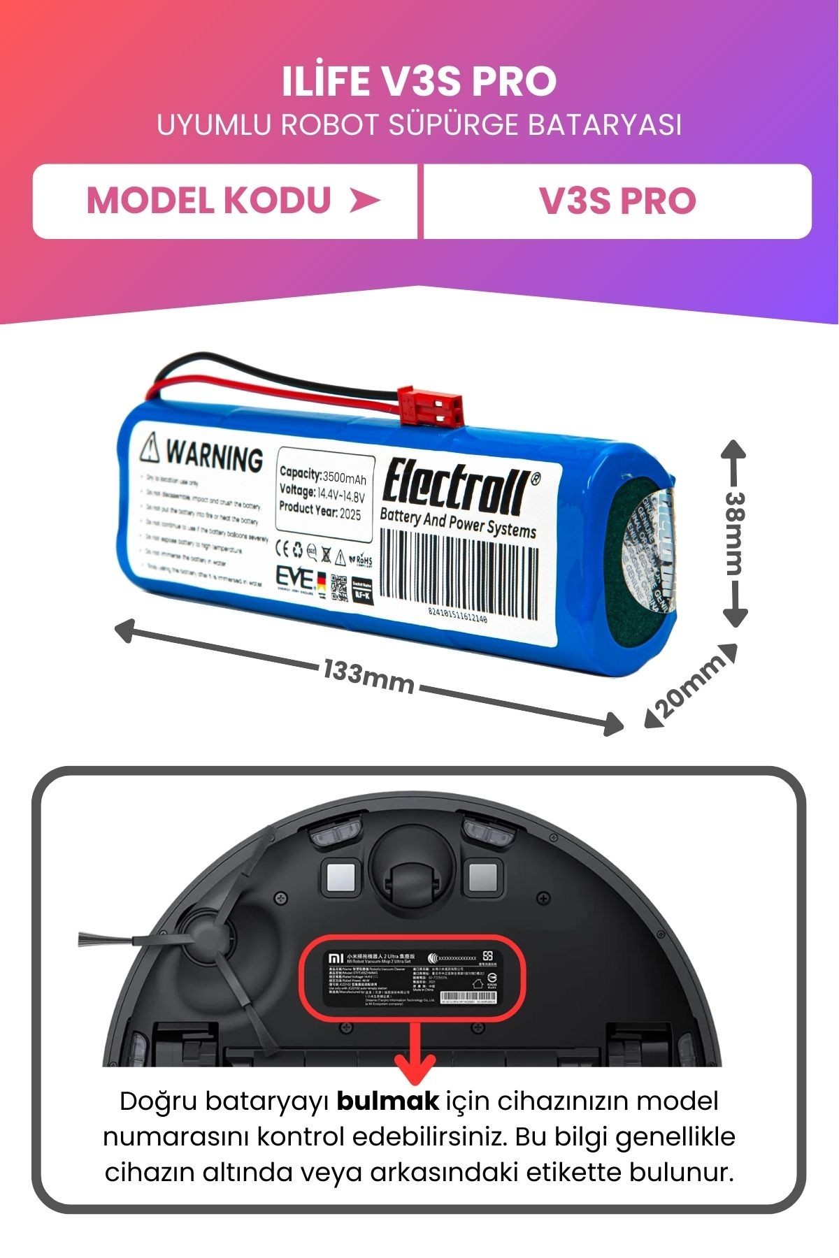 Ilife V3s Pro Uyumlu Batarya (MAKSİMUM KAPASİTE) 3500mah Pil Robot Süpürge Bataryası Değişimi