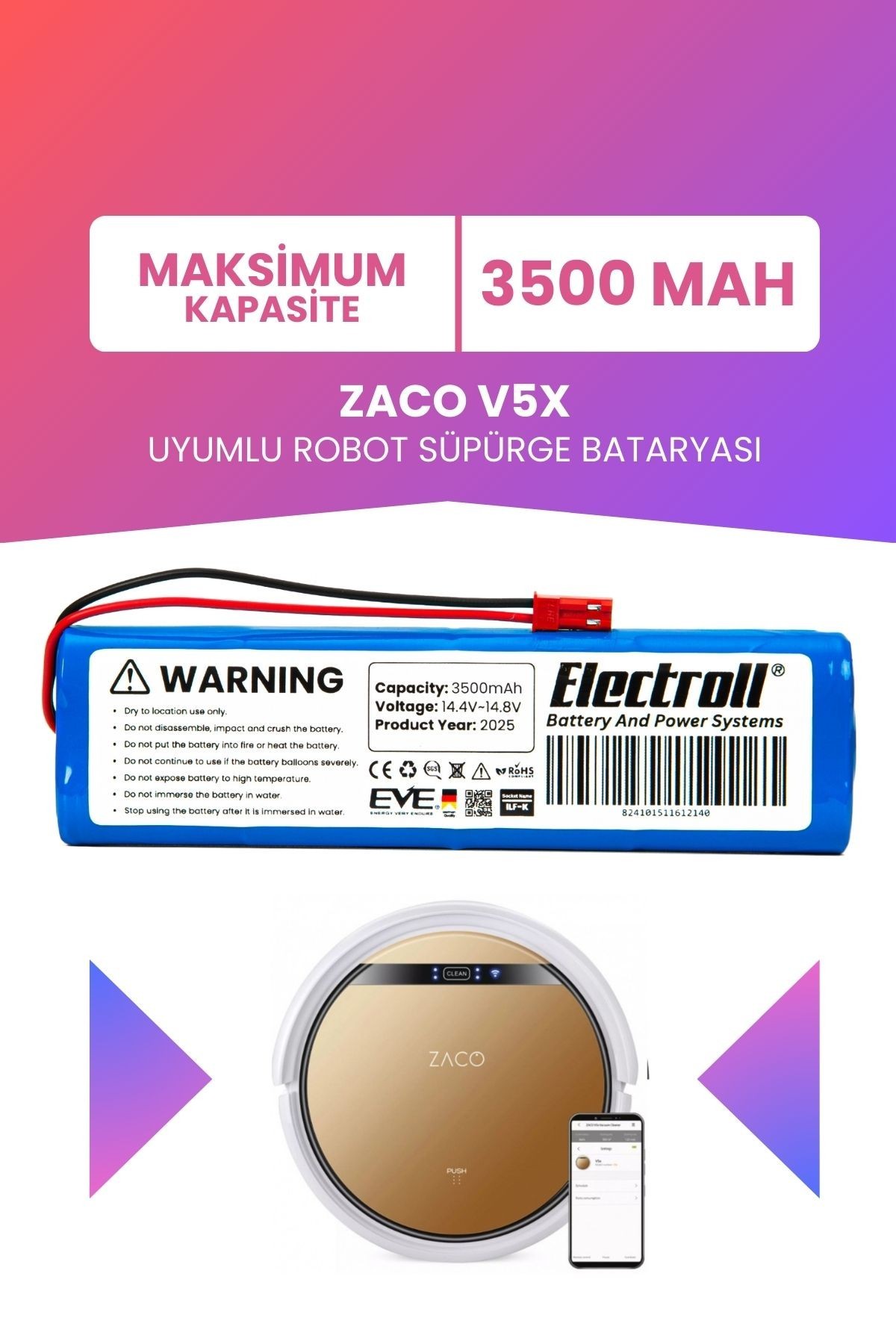 Zaco V5x Uyumlu Batarya (MAKSİMUM KAPASİTE) 3500mah Pil Robot Süpürge Bataryası Değişimi