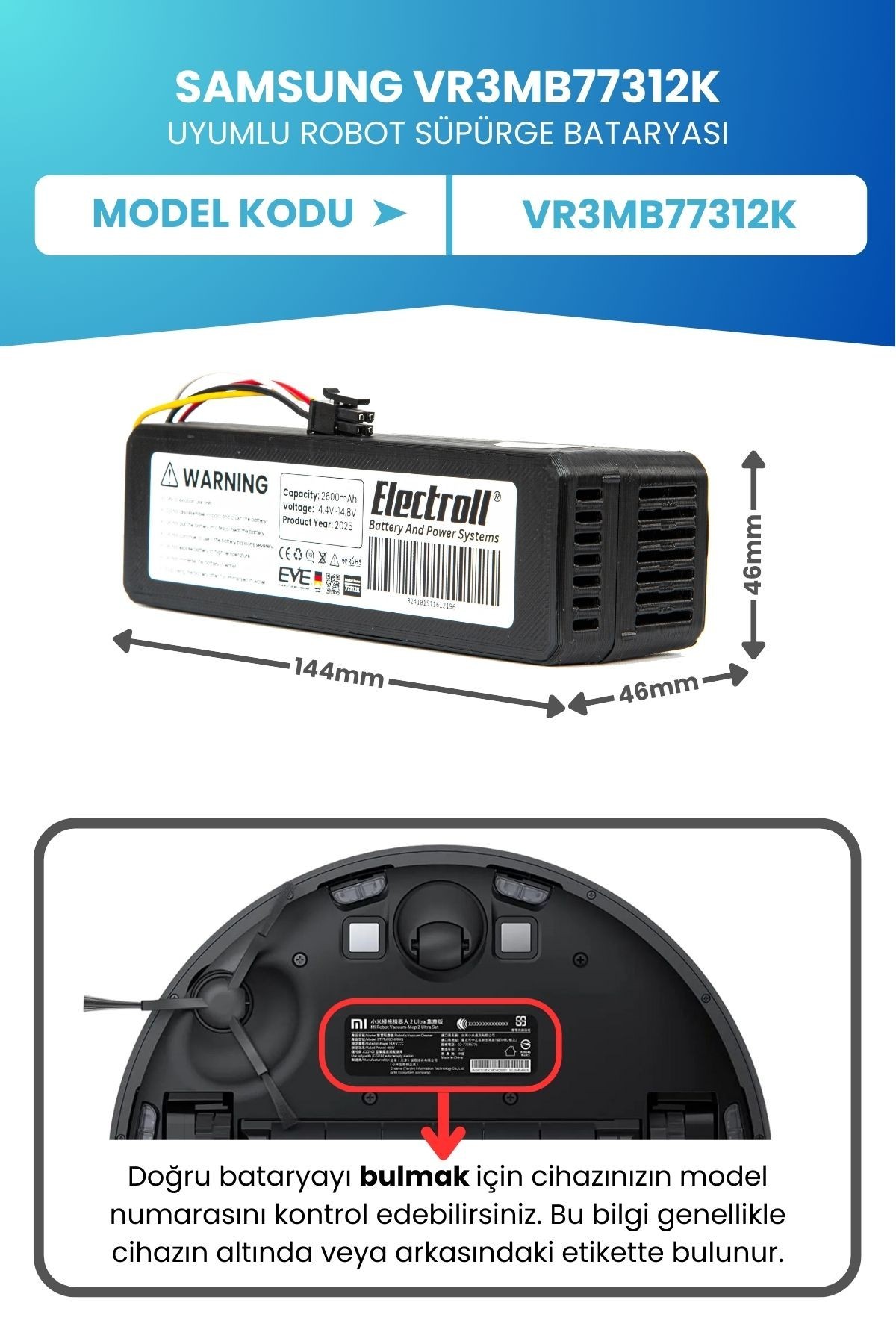 Samsung VR3MB77312K Uyumlu Batarya (ORJİNAL KAPASİTE) 5200mah Pil Robot Süpürge Bataryası Değişimi
