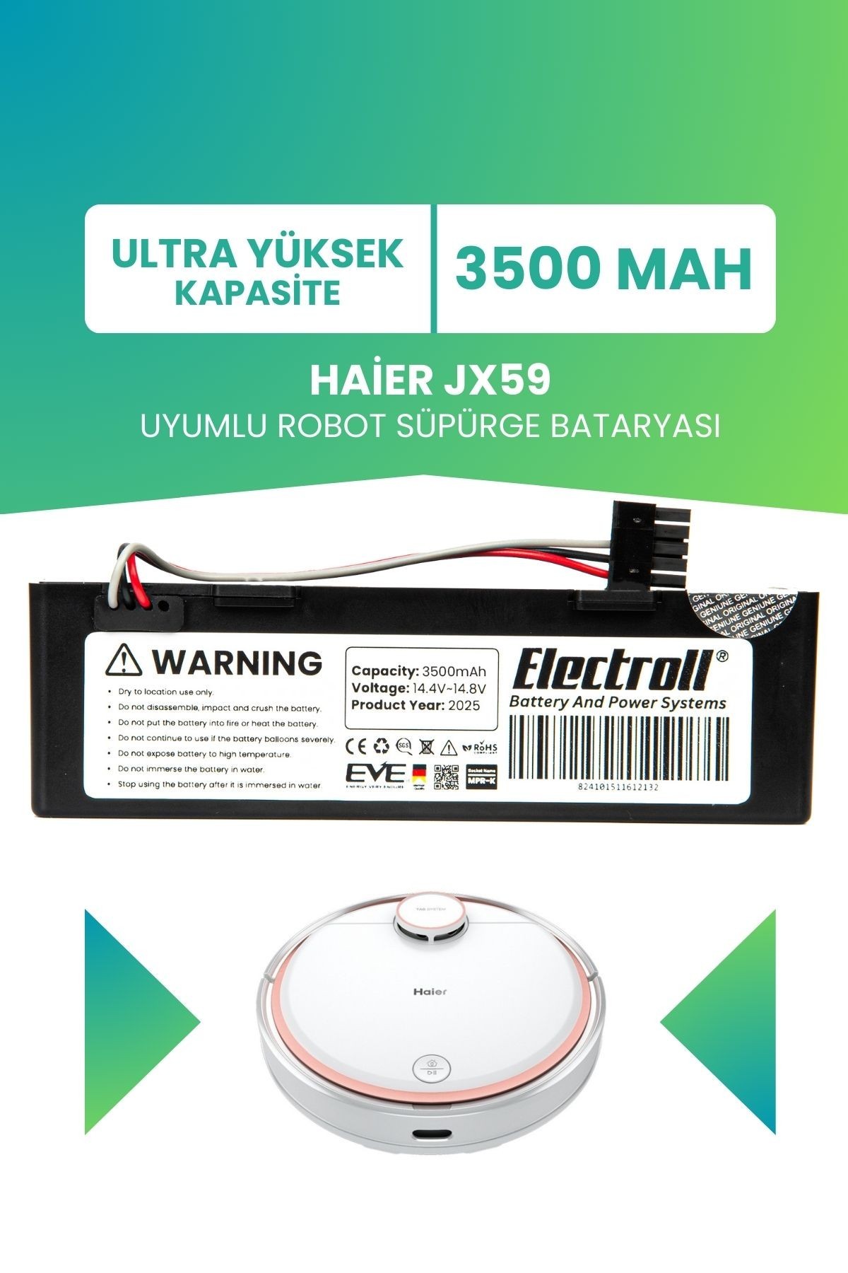 Haier Jx59 Uyumlu Batarya (ULTRA YÜKSEK KAPASİTE) 3500mah Kutulu Robot Süpürge Bataryası Değişimi