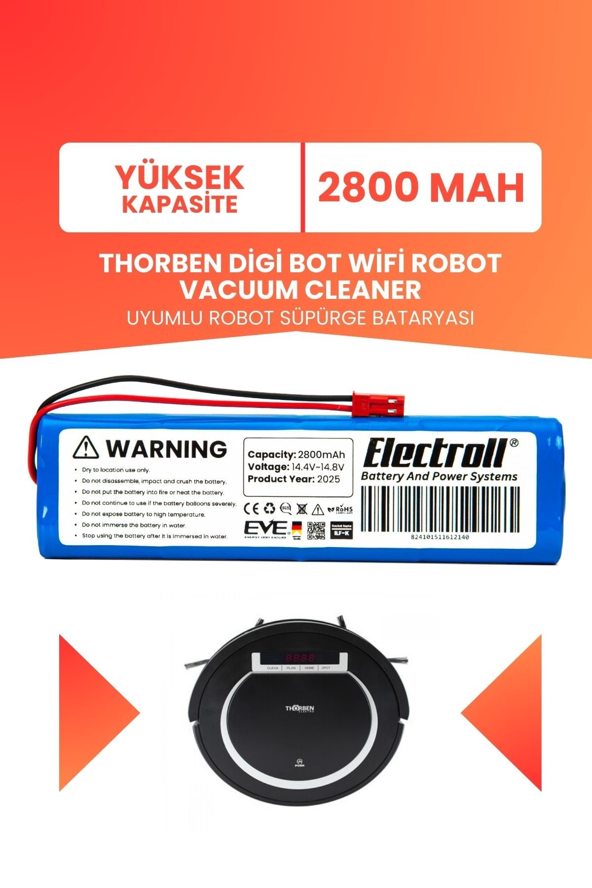 Thorben Digi Bot Wifi Robot Vacuum Cleaner Uyumlu Batarya (YÜKSEK KAPASİTE) 2800mah Batarya