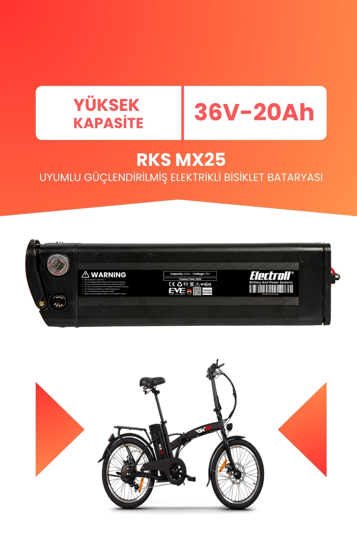 RKS MX25 Uyumlu 36V 20Ah (Yüksek Kapasite) Güçlendirilmiş Elektrikli Bisiklet Batarya Tamir, Revizyon ve Pil Yenileme