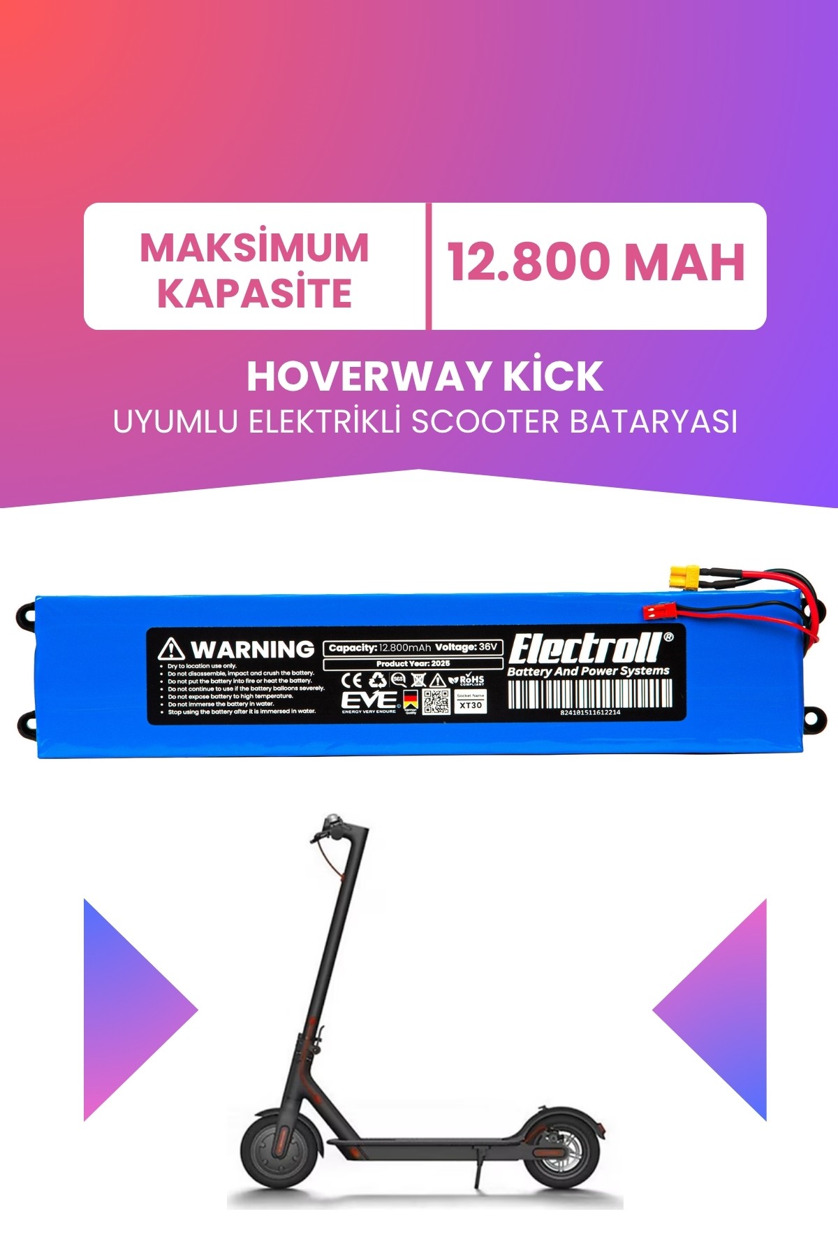 Hoverway Kick Uyumlu Batarya (Maksimum Kapasite) 36v 12.800Mah Elektrikli Scooter Bataryası