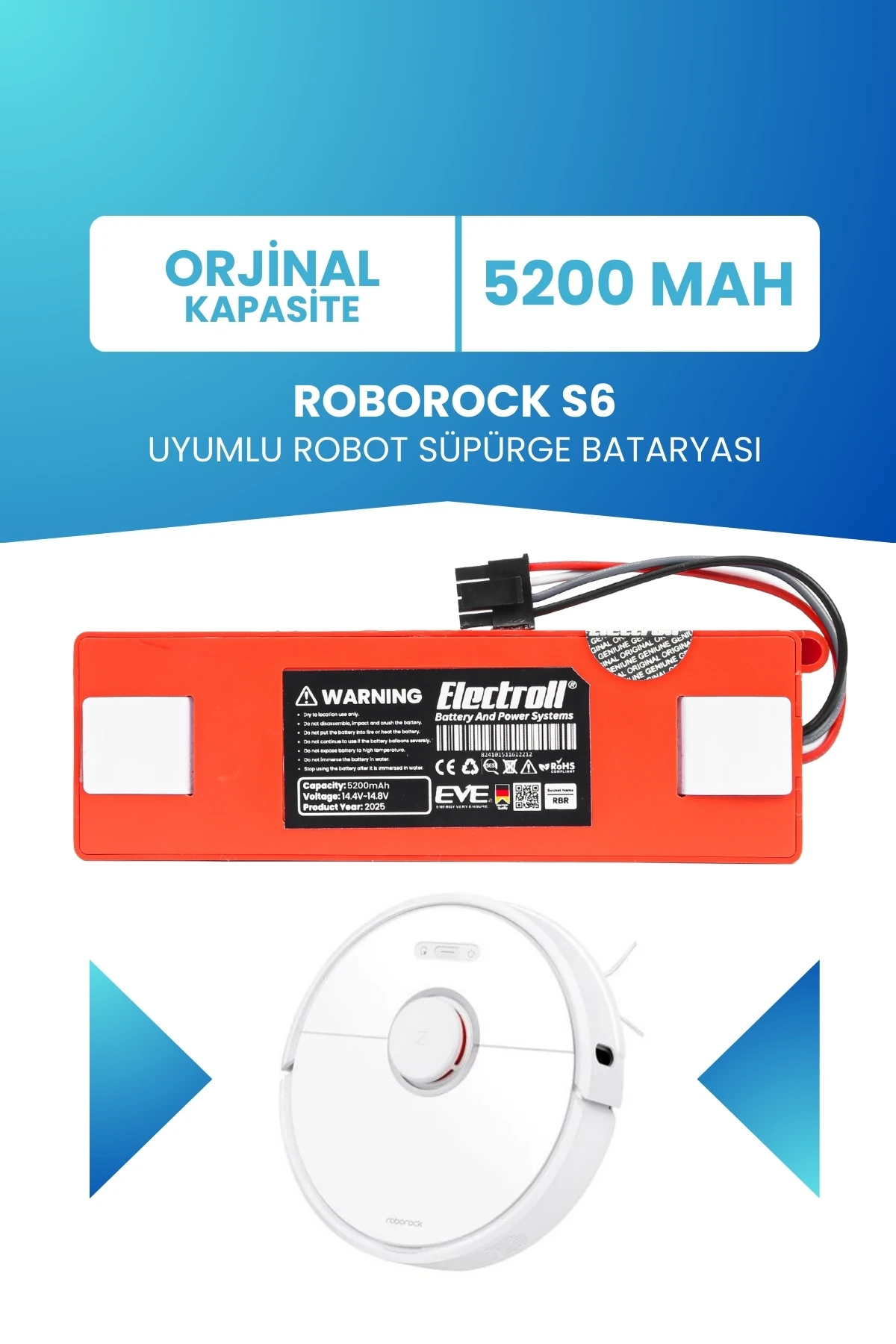 Roborock S6 Uyumlu Batarya (ORJİNAL KAPASİTE) 5200mah Pil Kutulu Robot Süpürge Bataryası Değişimi