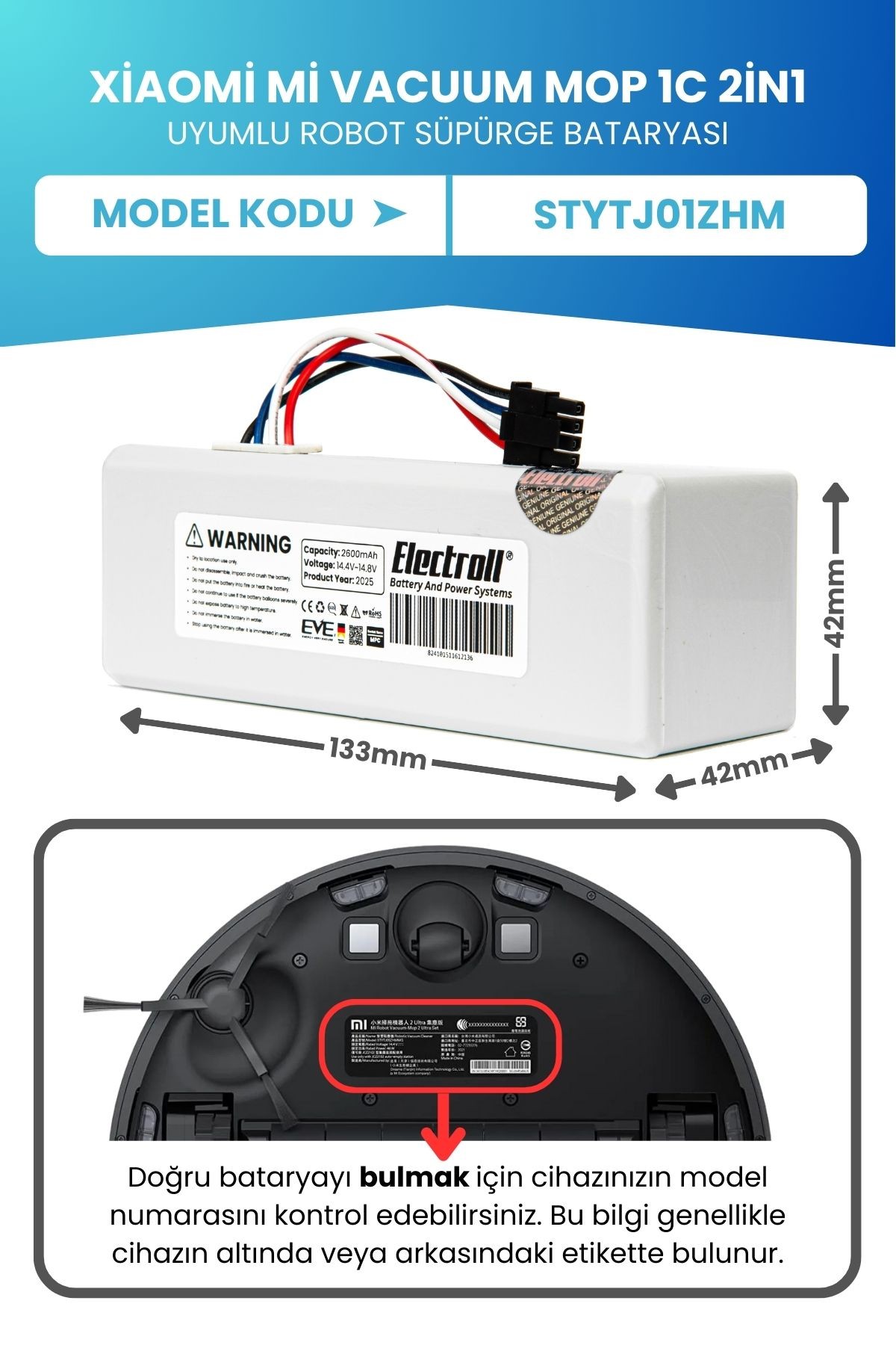 Xiaomi Mi Vacuum Mop 1c 2in1 Uyumlu Batarya (ORJİNAL KAPASİTE) 2600mah Robot Süpürge Pil Stytj01zhm