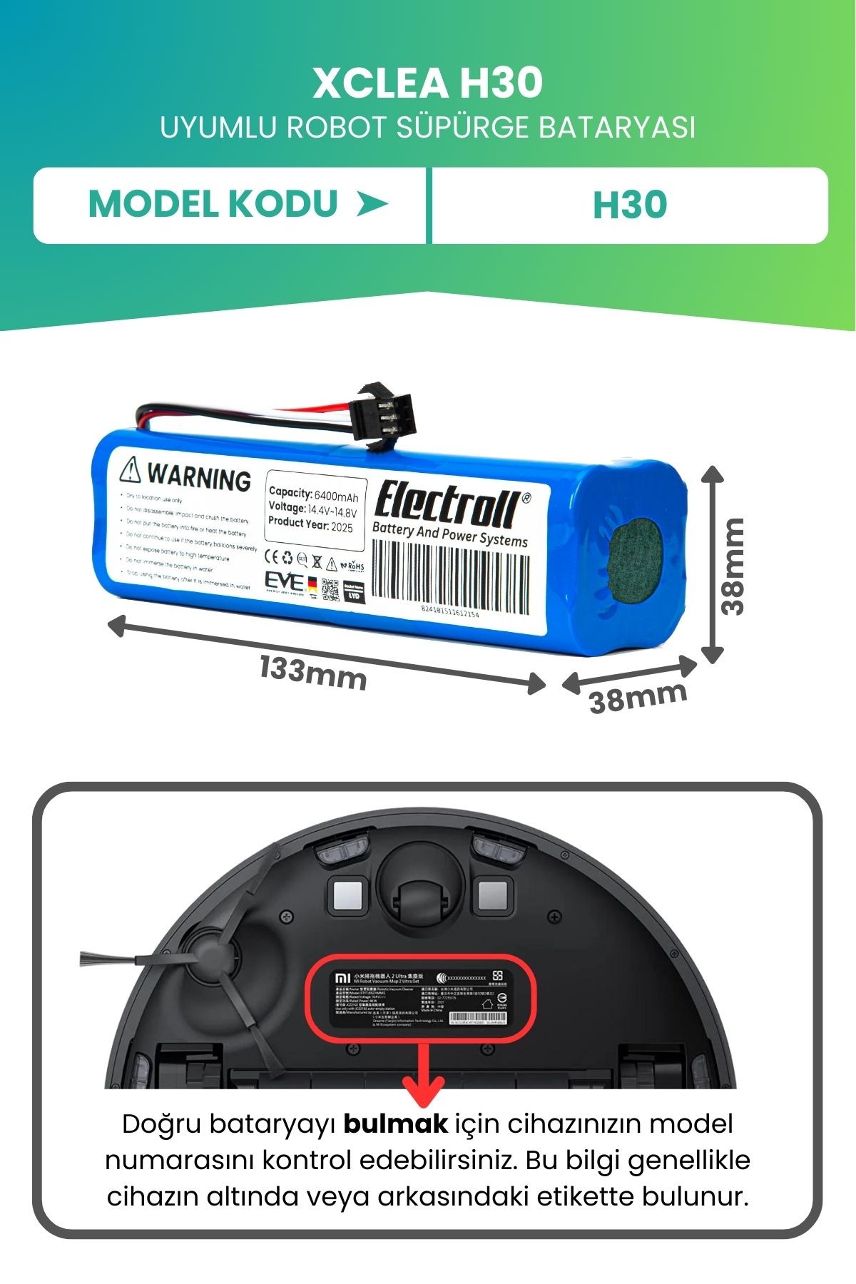 Xclea H30 Uyumlu Batarya (ULTRA YÜKSEK KAPASİTE) 6400mah Pil Robot Süpürge Bataryası Değişimi