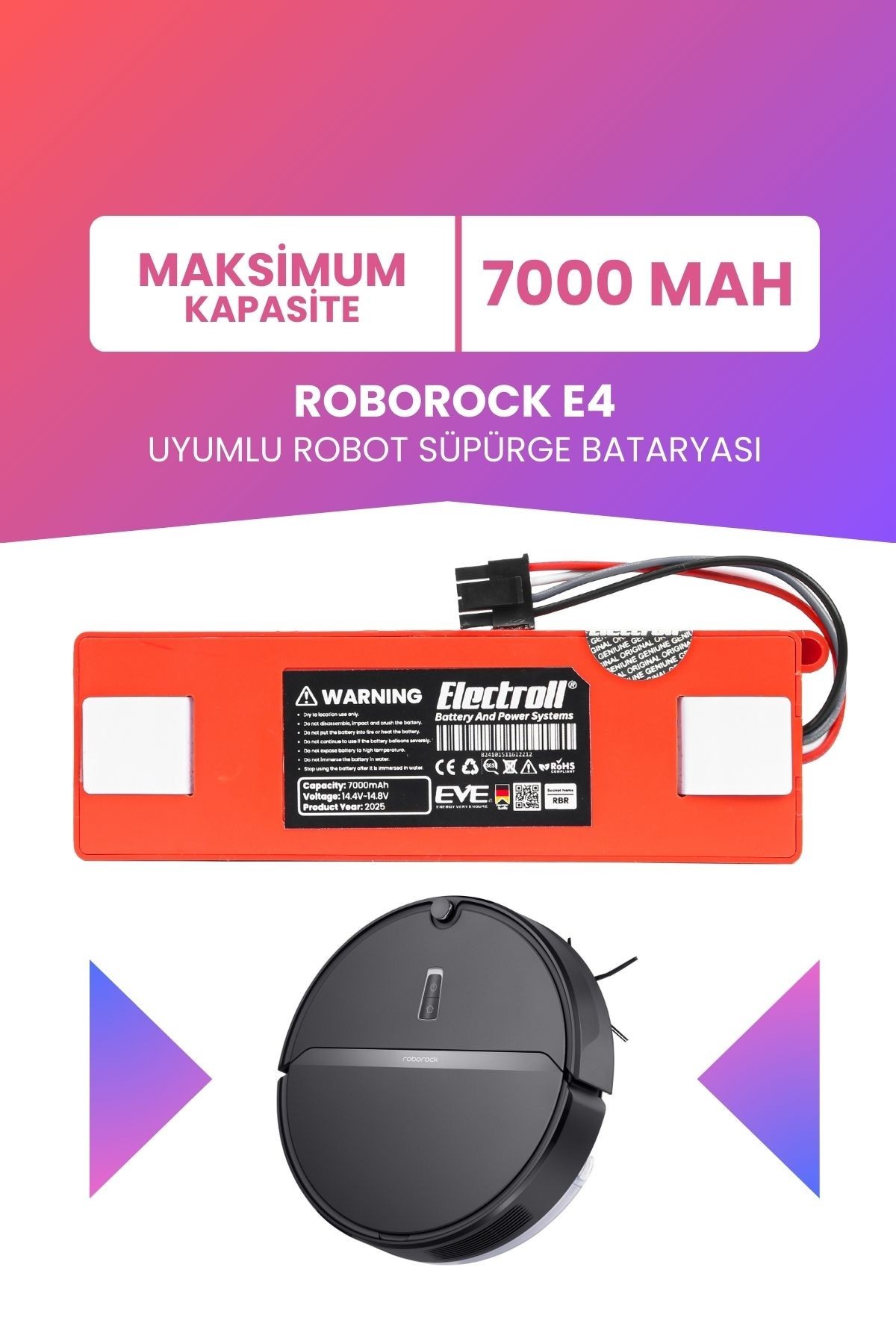 Roborock E4 Uyumlu Batarya (MAKSİMUM KAPASİTE) 7000mah Pil Kutulu Robot Süpürge Bataryası Değişimi