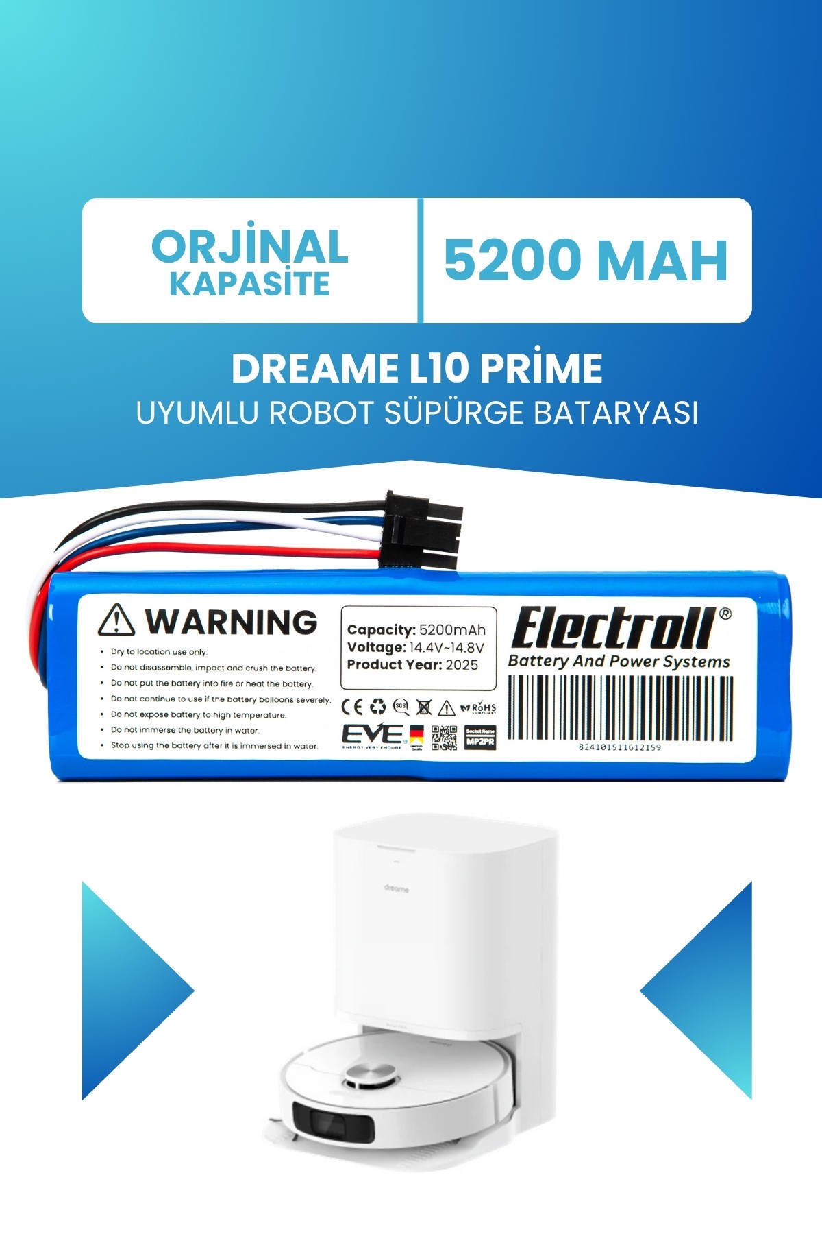 Dreame L10 Prime Uyumlu Batarya (STANDART KAPASİTE) 5200mah Robot Süpürge Bataryası