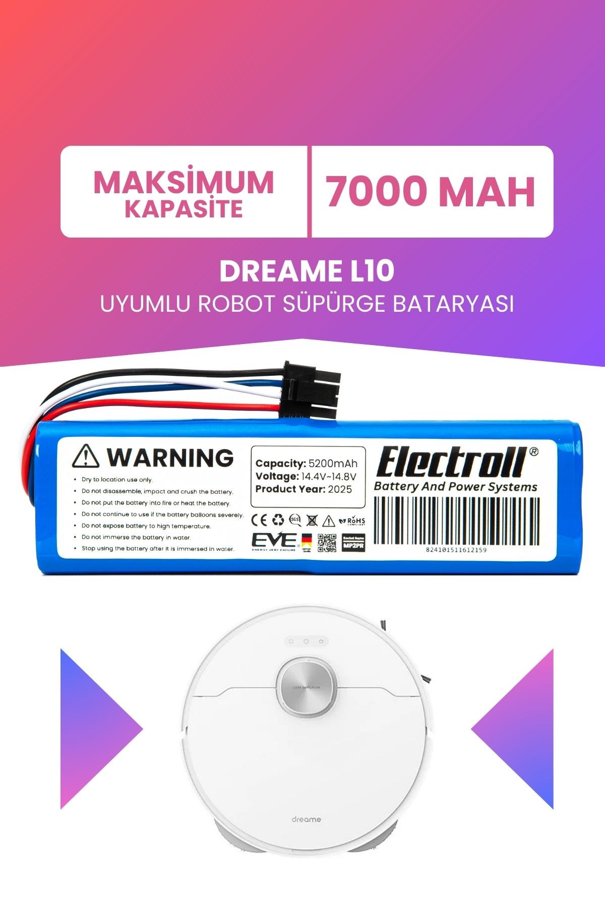 Dreame L10 Uyumlu Batarya (MAKSİMUM KAPASİTE) 7000mah Pil Robot Süpürge Bataryası Değişimi