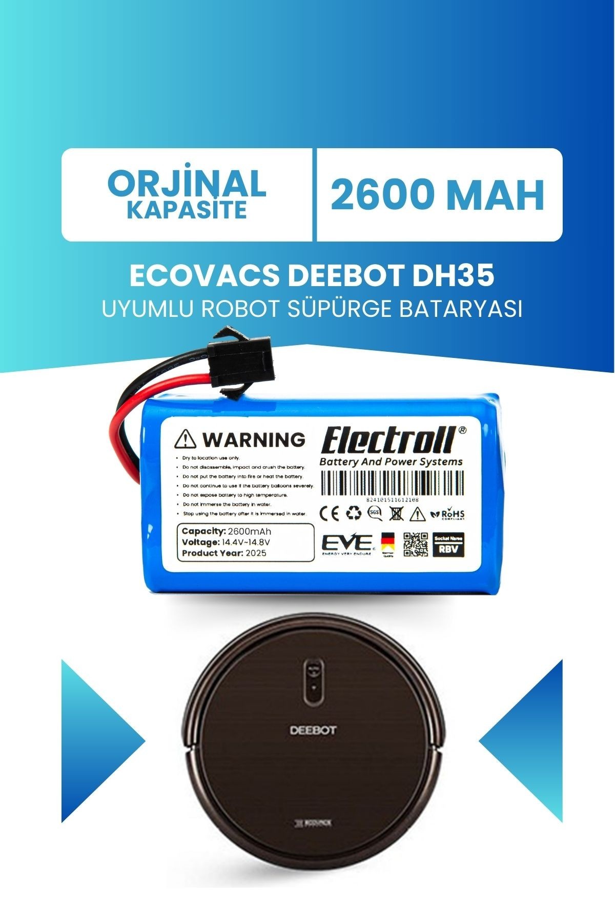 Ecovacs Deebot Dh35 Uyumlu Batarya (ORJİNAL KAPASİTE) 2600mah Pil Robot Süpürge Bataryası
