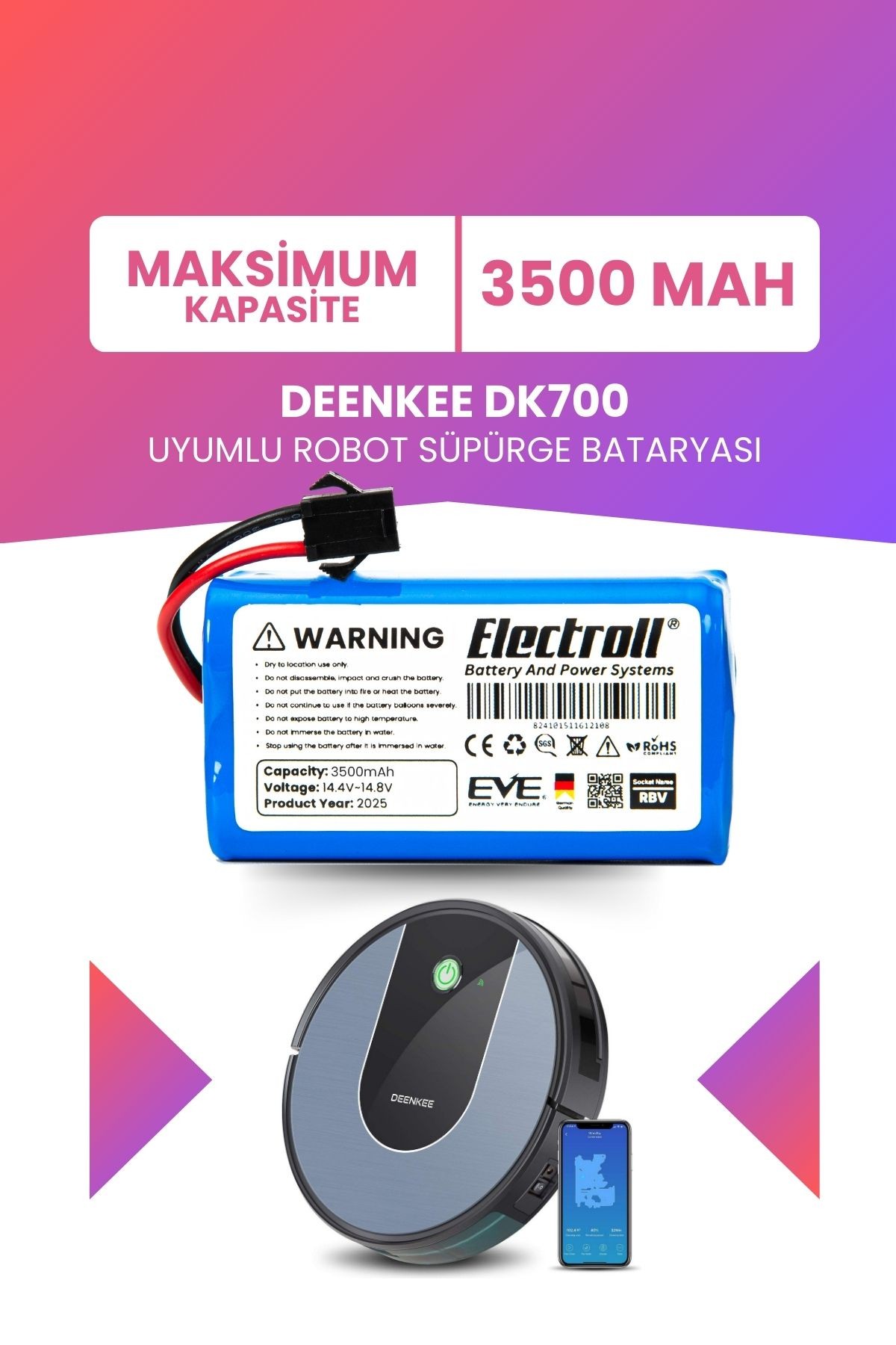 Deenkee Dk700 Uyumlu Batarya (MAKSİMUM KAPASİTE) 3500mah Pil Akıllı Robot Süpürge Bataryası