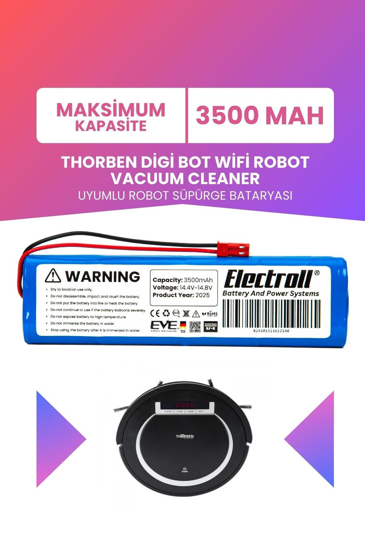 Thorben Digi Bot Wifi Robot Vacuum Cleaner Uyumlu Batarya (MAKSİMUM KAPASİTE) 3500mah Batarya