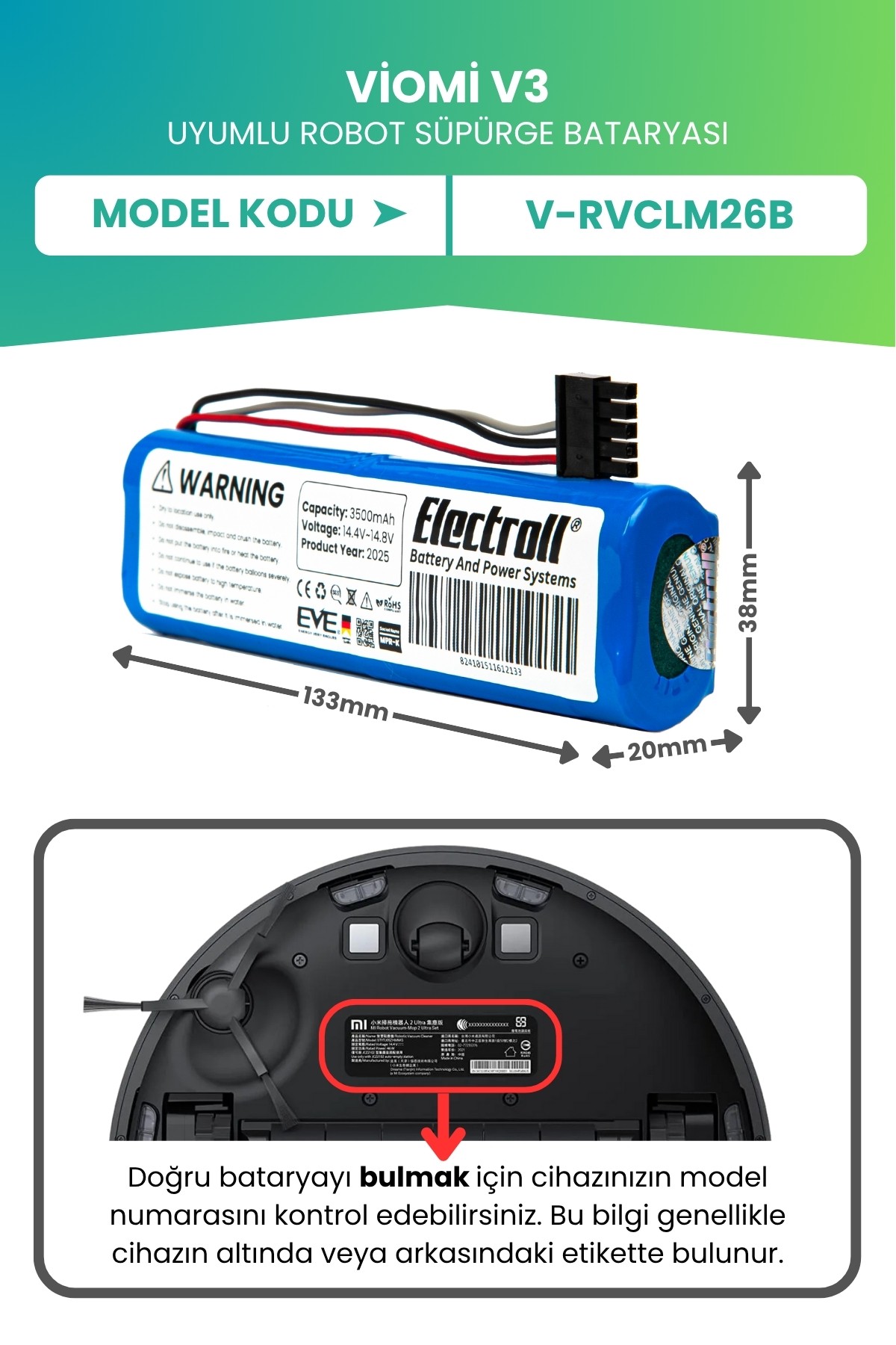Viomi V3 Uyumlu Batarya (ULTRA YÜKSEK KAPASİTE) 3500mah Pil Robot Süpürge Bataryası Değişimi V-RVCLM26B
