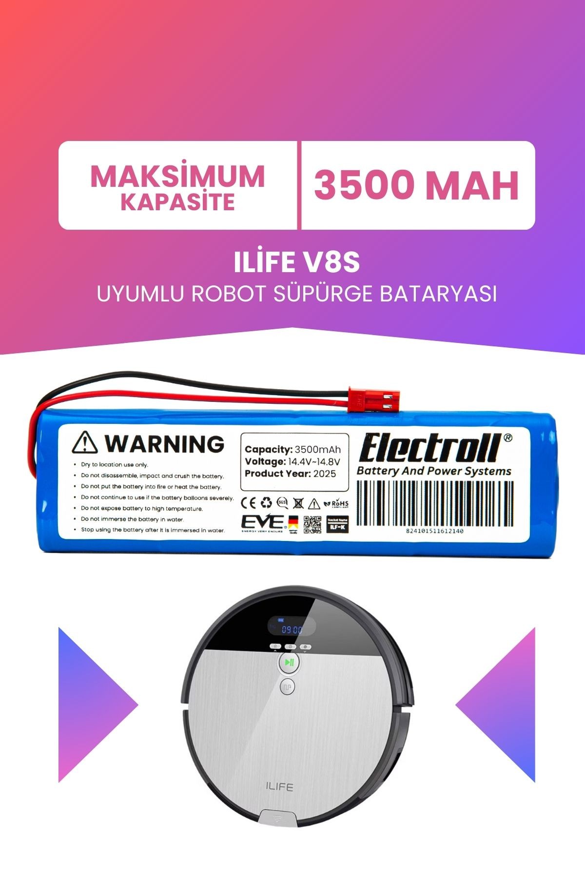 Ilife V8s Uyumlu Batarya (MAKSİMUM KAPASİTE) 3500mah Pil Robot Süpürge Bataryası Değişimi