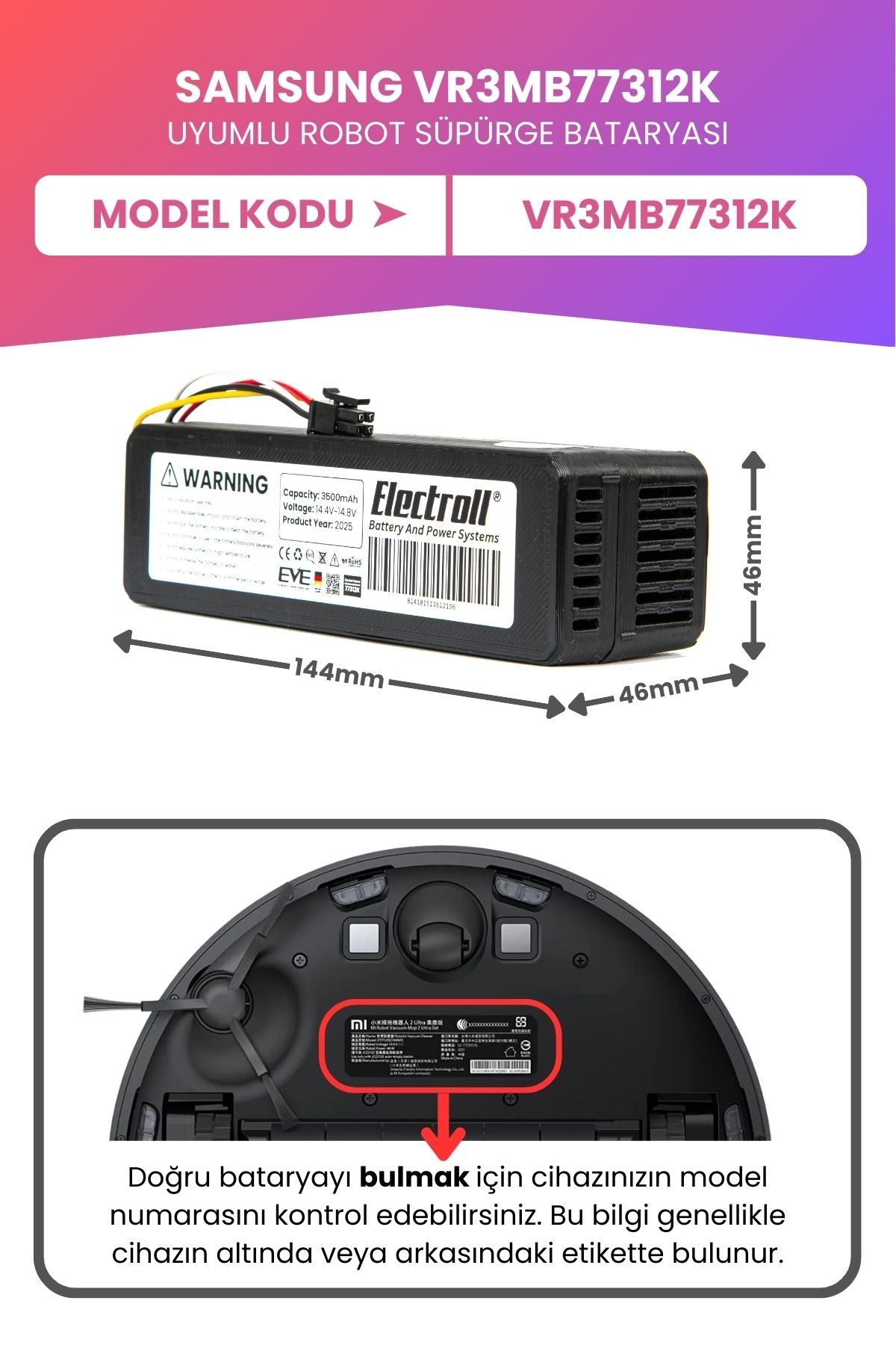 Samsung Vr3mb77312k Uyumlu Batarya (MAKSİMUM KAPASİTE) 7000mah Pil Robot Süpürge Bataryası