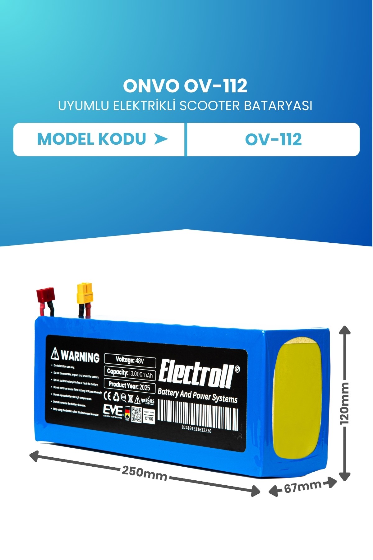 ONVO OV-112 (Orijinal Kapasite) Batarya 48v 13ah Pil Elektrikli Scooter Bataryası