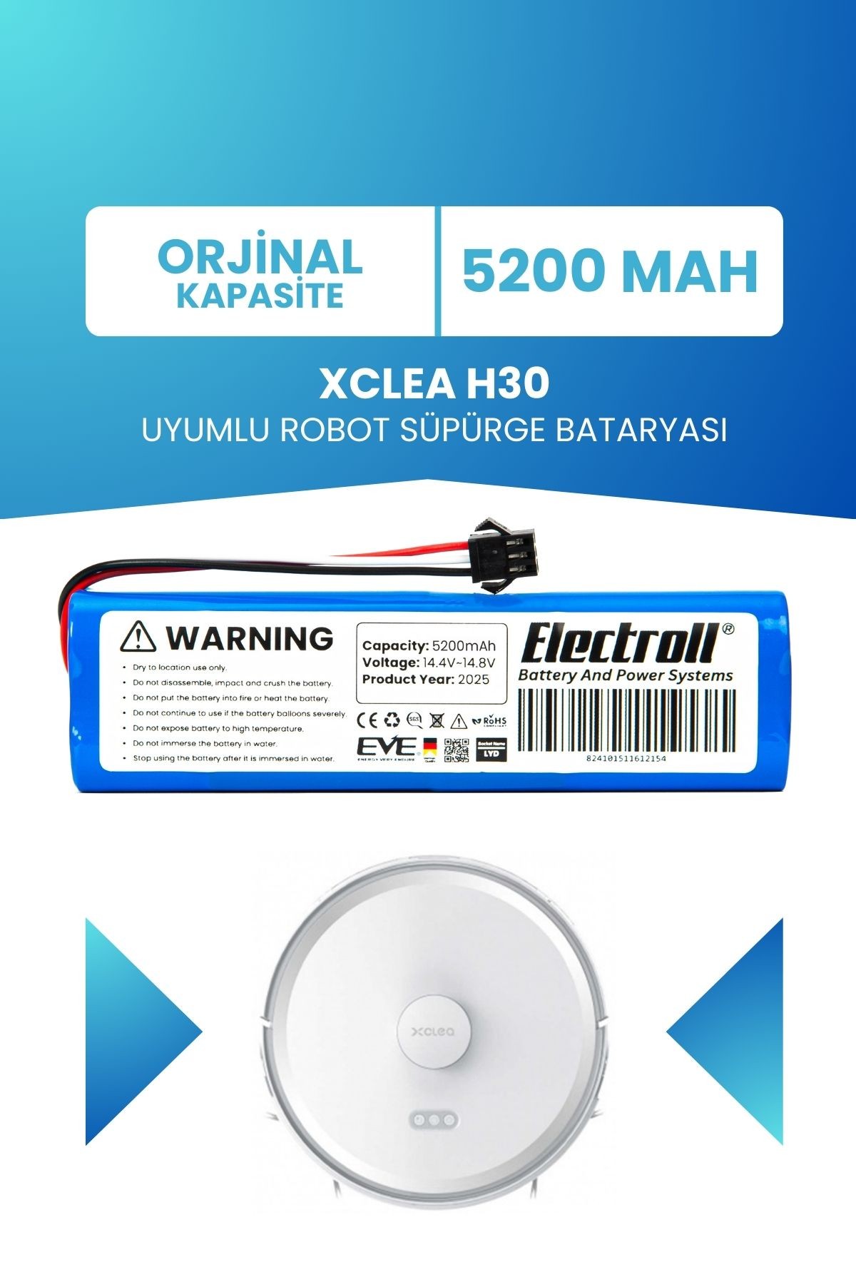 Xclea H30 Uyumlu Batarya (ORJİNAL KAPASİTE) 5200mah Pil Robot Süpürge Bataryası Değişimi