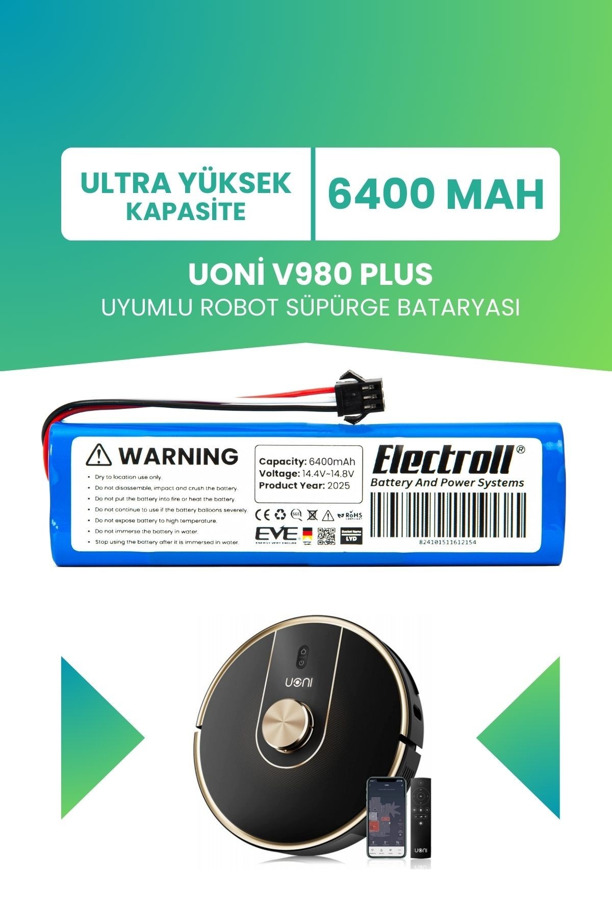Uoni V980 Plus Uyumlu Batarya (ULTRA YÜKSEK KAPASİTE) 6400mah Pil Robot Süpürge Bataryası Değişimi