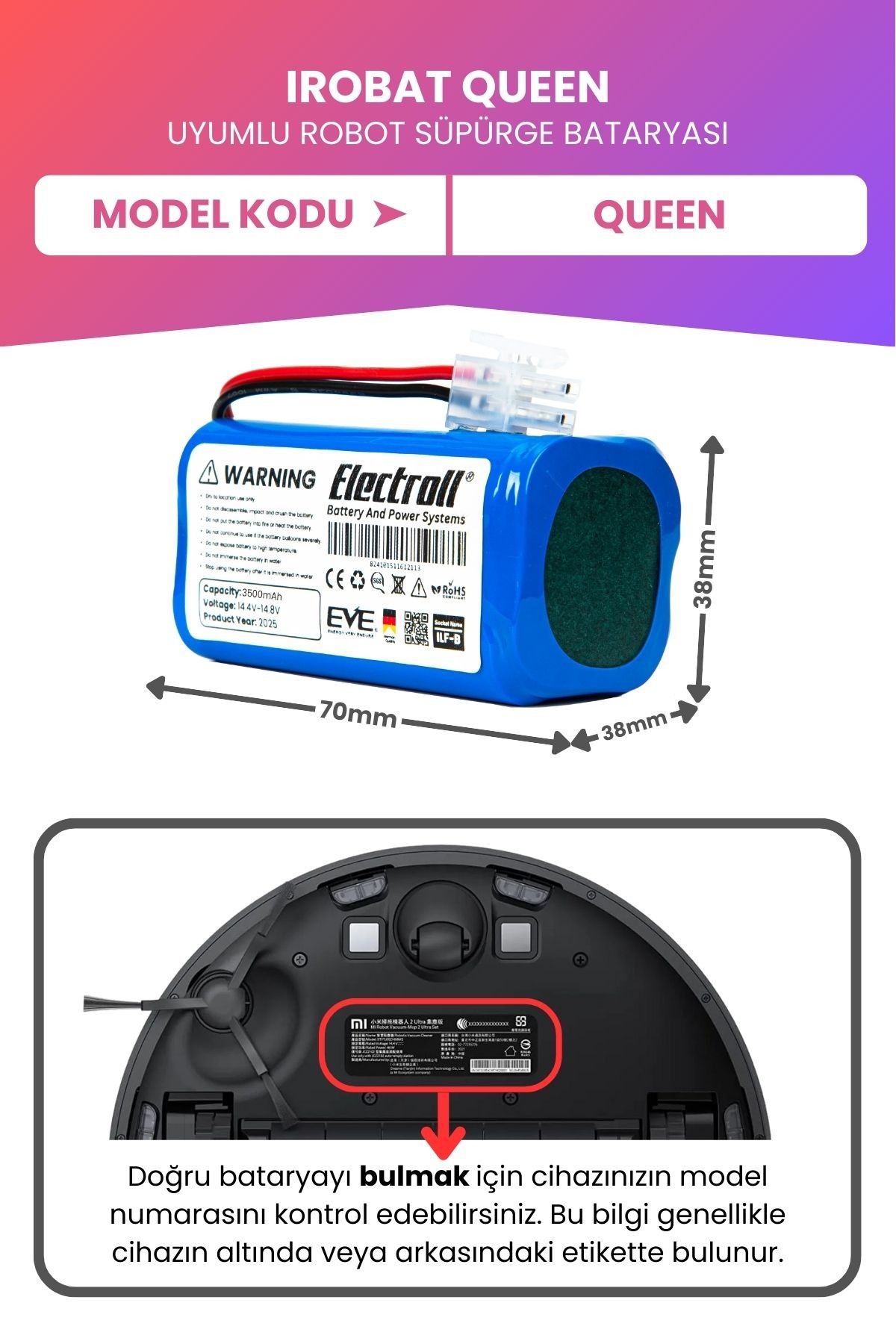 Irobat Queen Uyumlu Batarya (MAKSİMUM KAPASİTE) 3500mah Pil