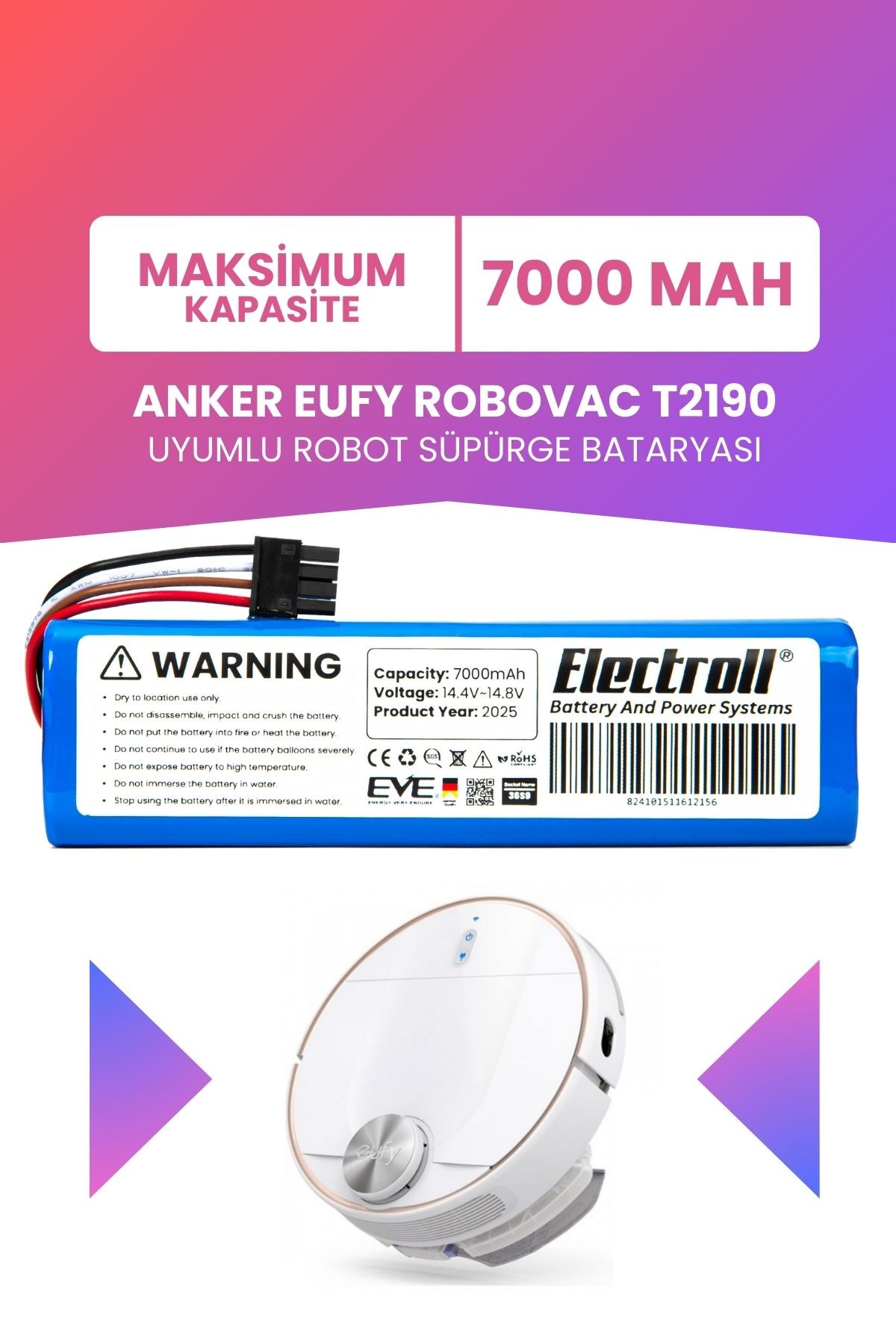Anker Eufy Robovac T2190 Uyumlu Batarya (MAKSİMUM KAPASİTE) 7000mah Robot Süpürge Bataryası T2190