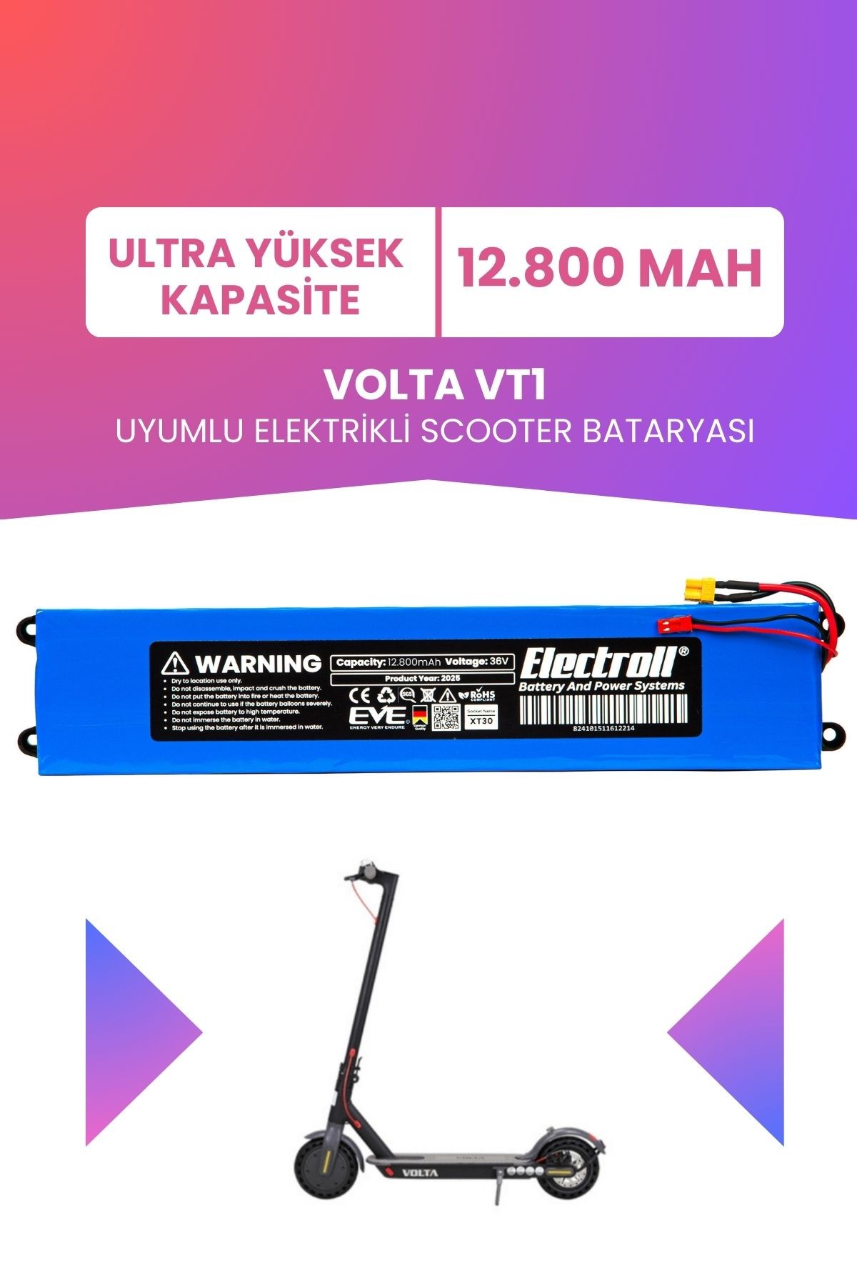 Volta Vt1 Batarya (ULTRA YÜKSEK KAPSİTE) 36v 12.800 Mah Elektrikli Scooter Bataryası