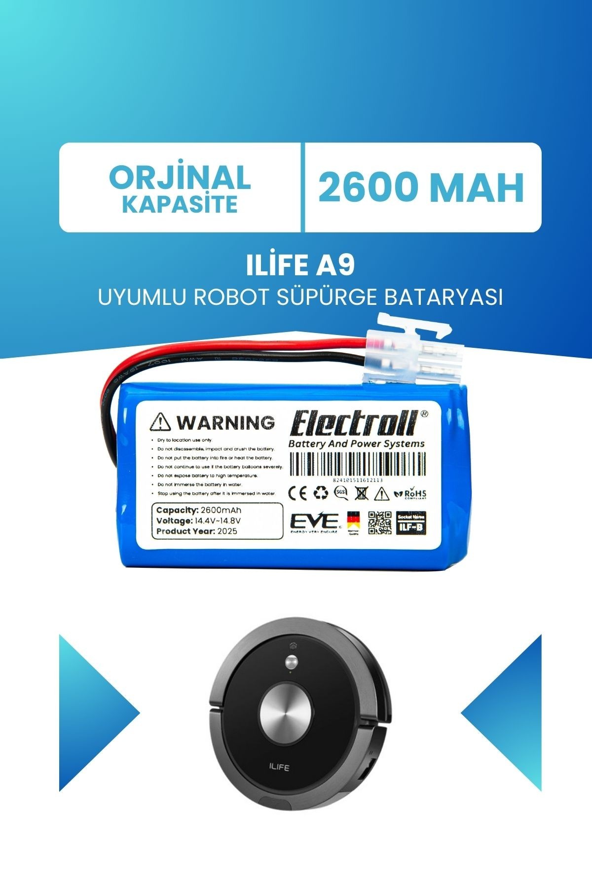 Ilife A9 Uyumlu Batarya (ORJİNAL KAPASİTE) 2600mah Robot Süpürge Bataryası Değişimi