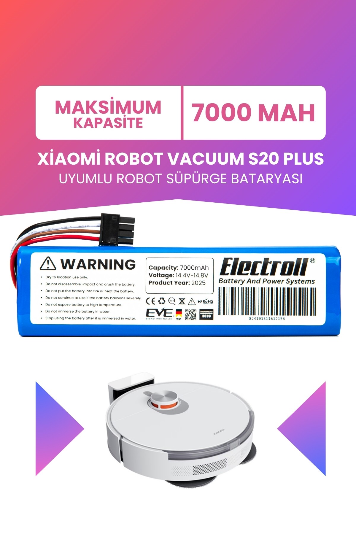 Xiaomi Robot Vacuum S20 Plus Uyumlu Batarya (MAKSİMUM KAPASİTE) 7000mah Pil Robot Süpürge Bataryası