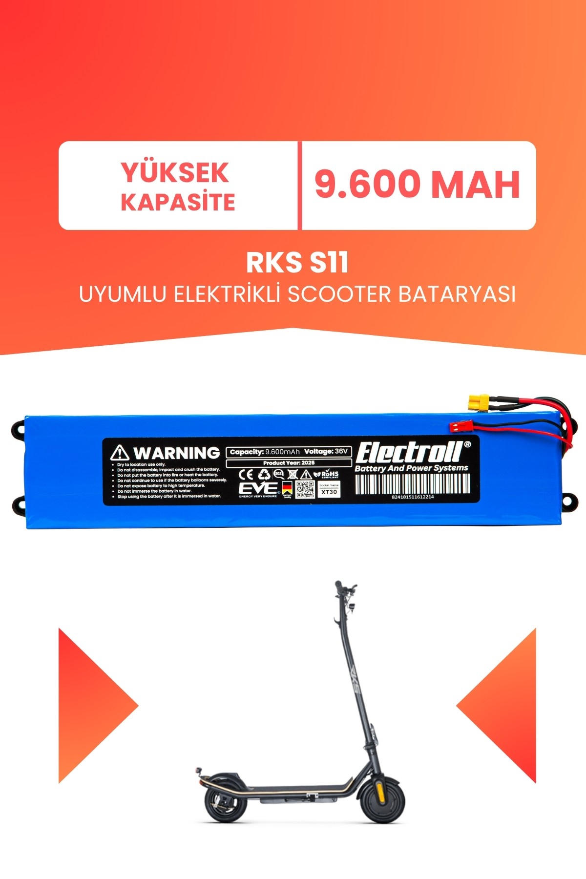 Rks S11 Uyumlu Batarya (Yüksek Kapasite) 36v 9.600Mah Elektrikli Scooter Bataryası