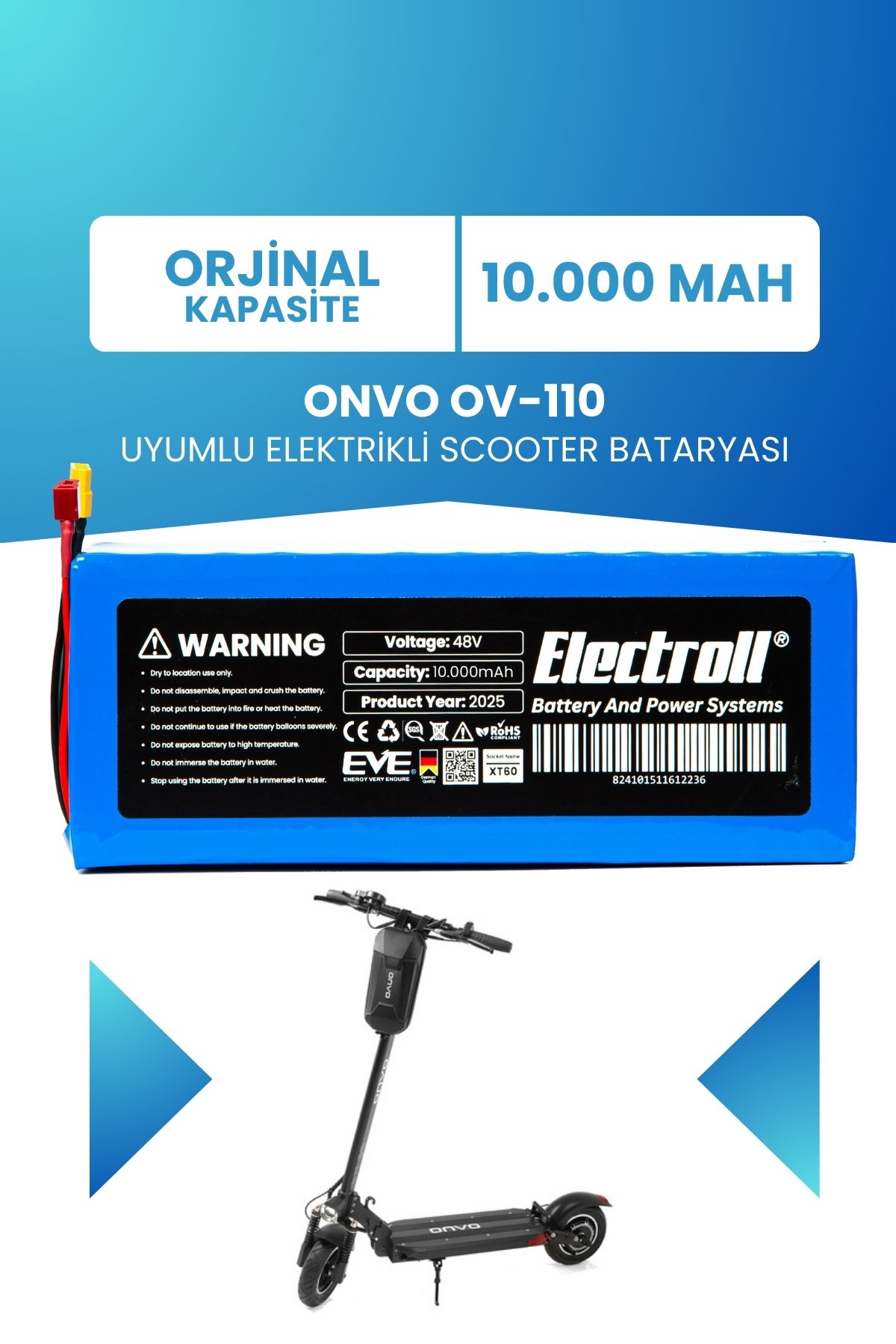 Onvo Ov-110 Batarya (ORJİNAL KAPASİTE) 48v 10.000mah Pil Elektrikli Scooter Bataryası