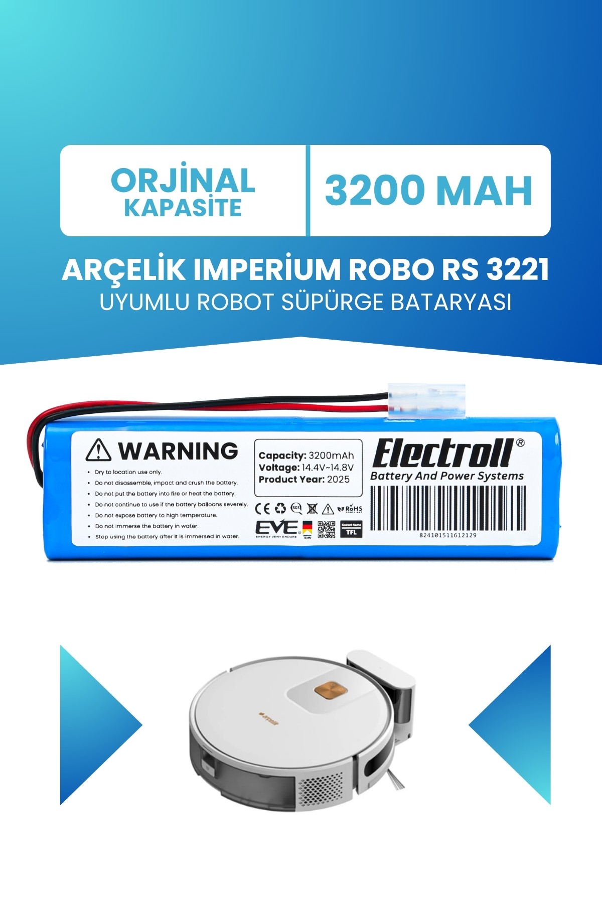 Arçelik Imperium Robo Rs 3221 Uyumlu Batarya (STANDART KAPASİTE) 3200mah Robot Süpürge Bataryası