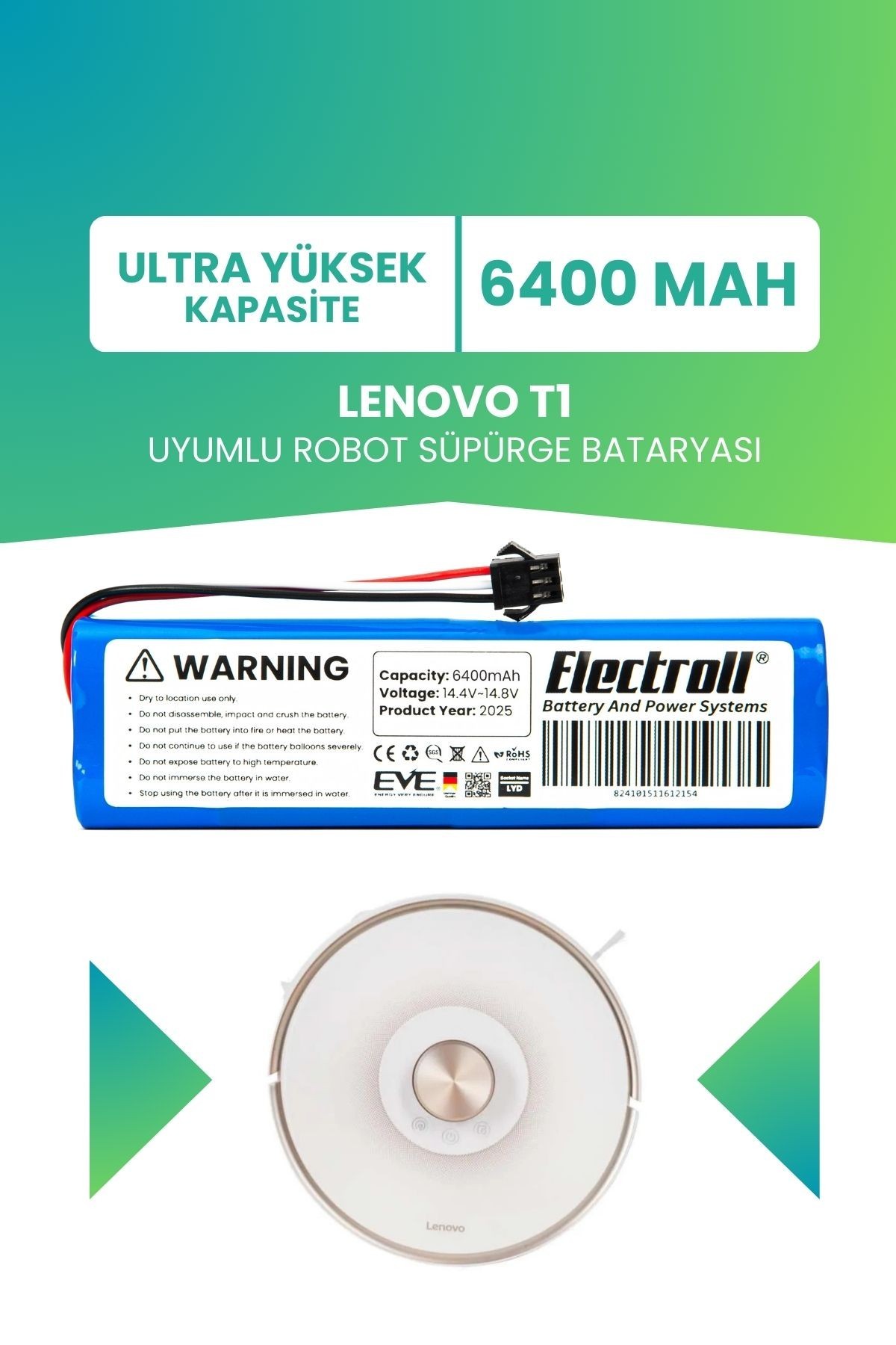 Lenovo T1 Uyumlu Batarya (ULTRA YÜKSEK KAPASİTE) 6400mah Pil Robot Süpürge Bataryası Değişimi