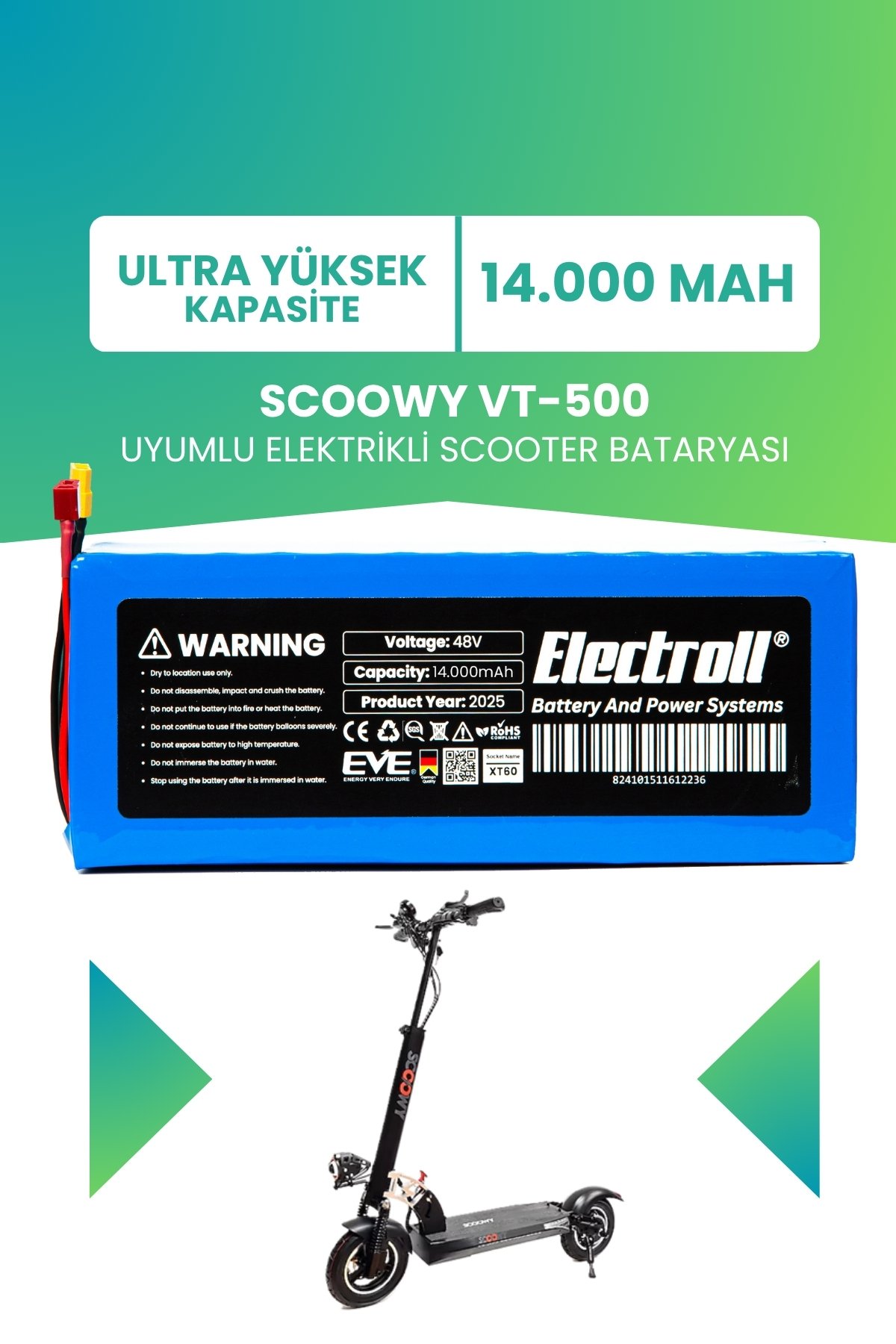 Scoowy Vt-500 Batarya (Ultra Yüksek Kapasite) Batarya 48v 14ah Pil Elektrikli Scooter Bataryası