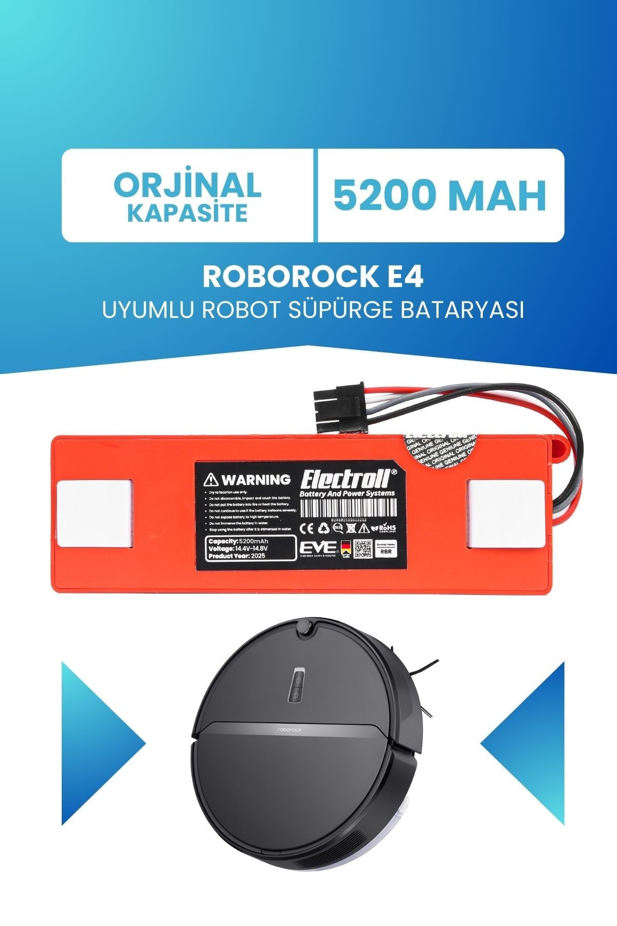 Roborock E4 Uyumlu Batarya (ORJİNAL KAPASİTE) 5200mah Pil Kutulu Robot Süpürge Bataryası Değişimi