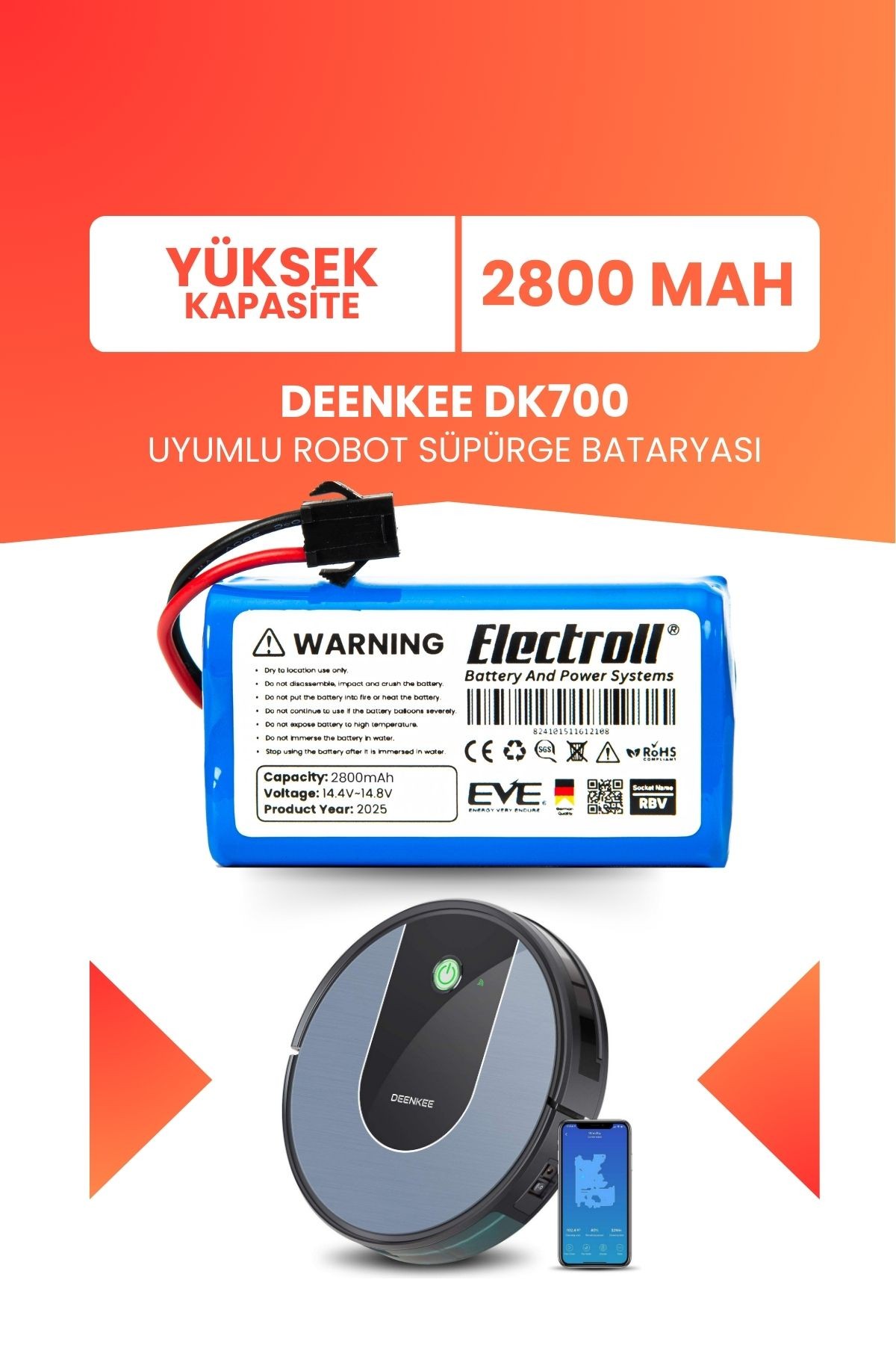 Deenkee Dk700 Uyumlu Batarya (YÜKSEK KAPASİTE) 2800mah Pil Akıllı Robot Süpürge Bataryası