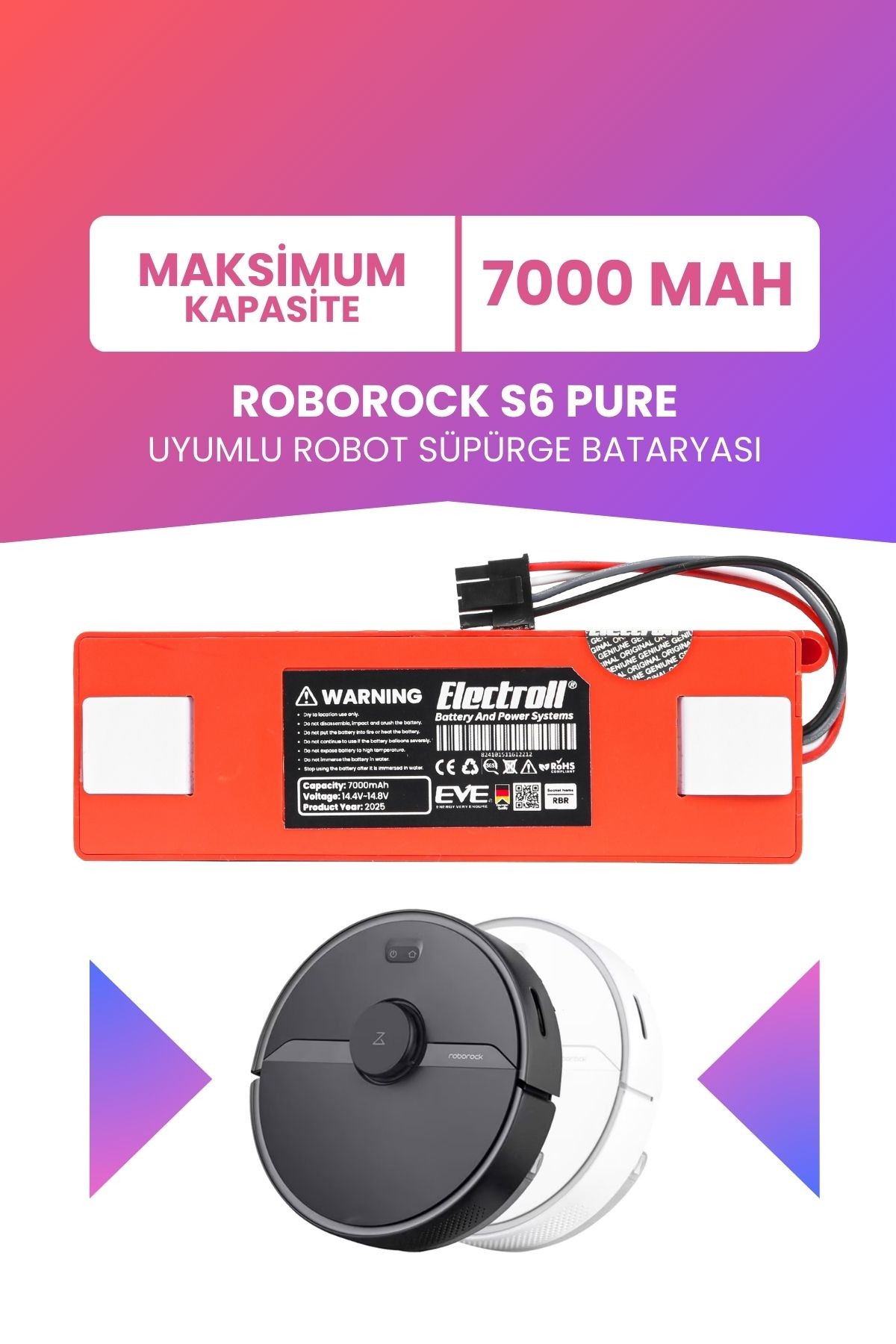 Roborock S6 Pure Uyumlu Batarya (MAKSİMUM KAPASİTE) 7000mah Kutulu Robot Süpürge Pil Değişimi
