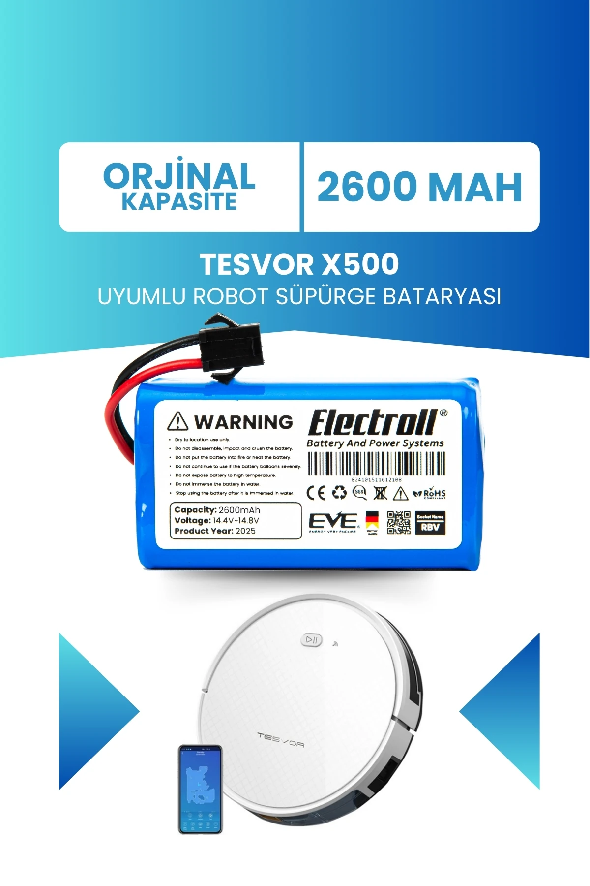 Tesvor X500 Uyumlu Batarya (ORJİNAL KAPASİTE) 2600mah Pil Robot Süpürge Bataryası
