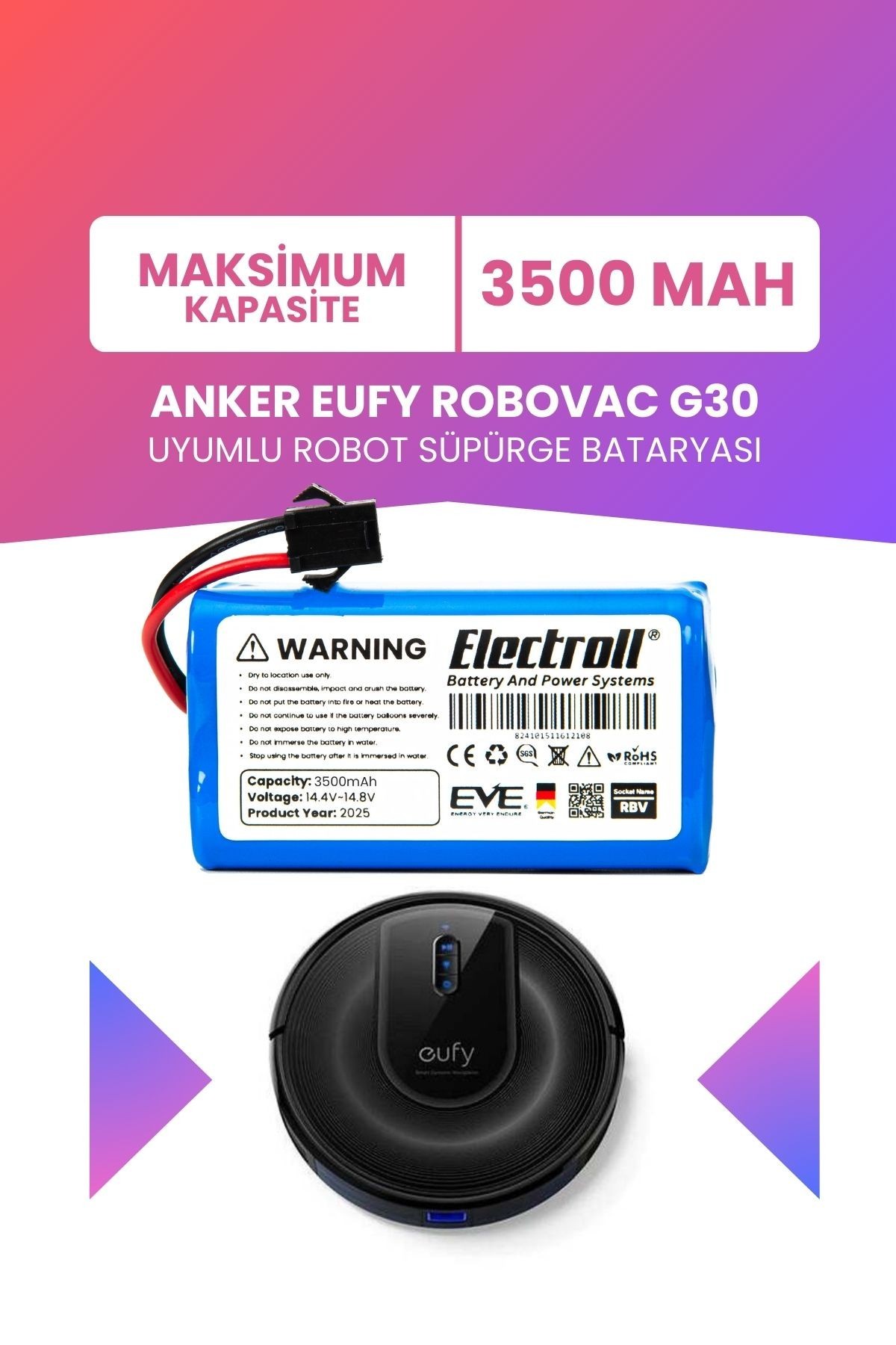 Eufy Robovac G30 Uyumlu Batarya (MAKSİMUM KAPASİTE) 3500mah Robot Süpürge Batarya Değişimi