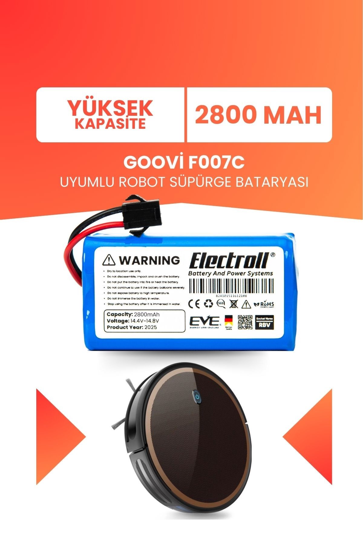 Goovi F007c Uyumlu Batarya (YÜKSEK KAPASİTE) 2800mah Pil Robot Süpürge Bataryası