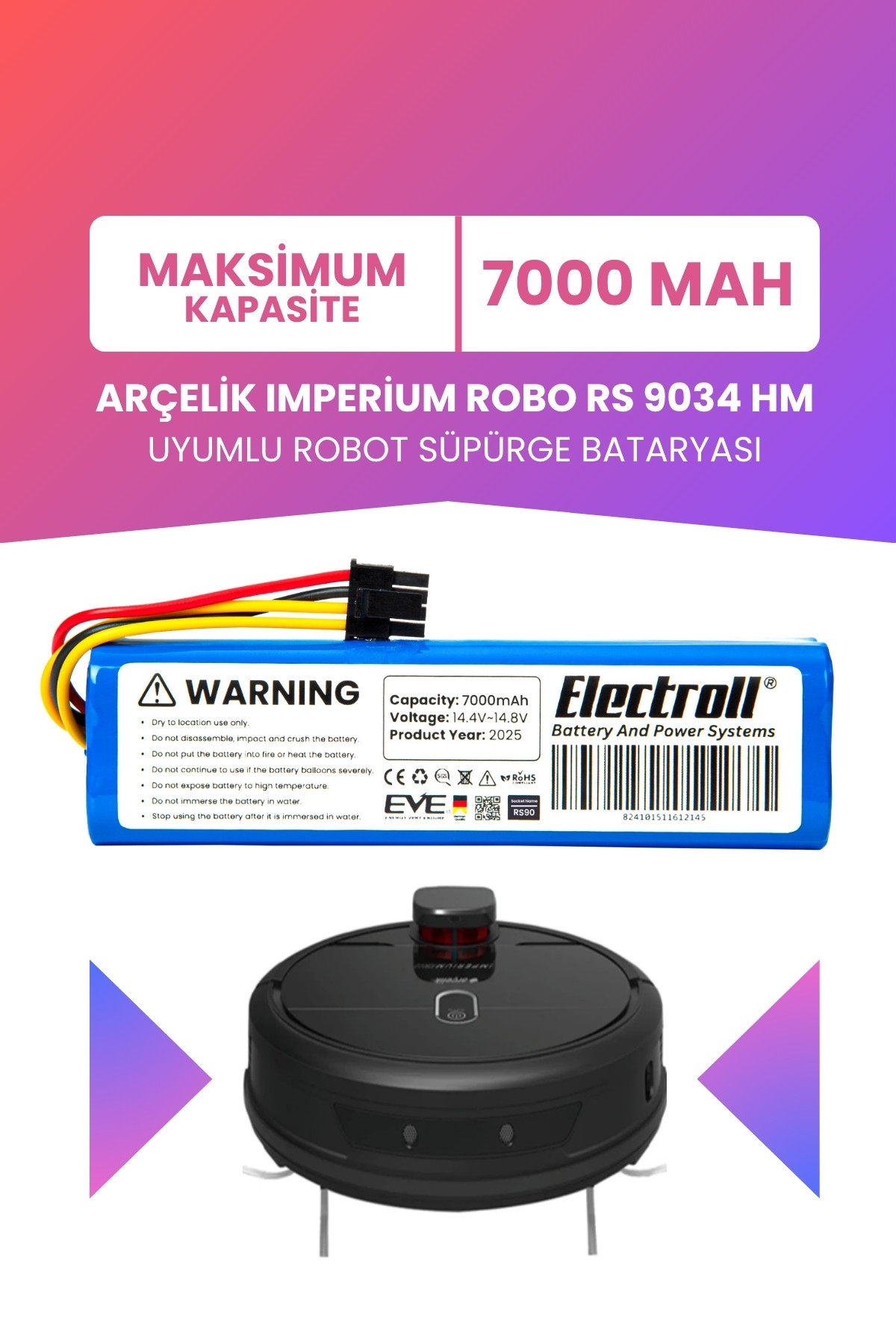 Arçelik Imperium Robo Rs 9034 Hm Uyumlu Batarya (MAKSİMUM KAPASİTE) 7000mah Robot Süpürge Bataryası