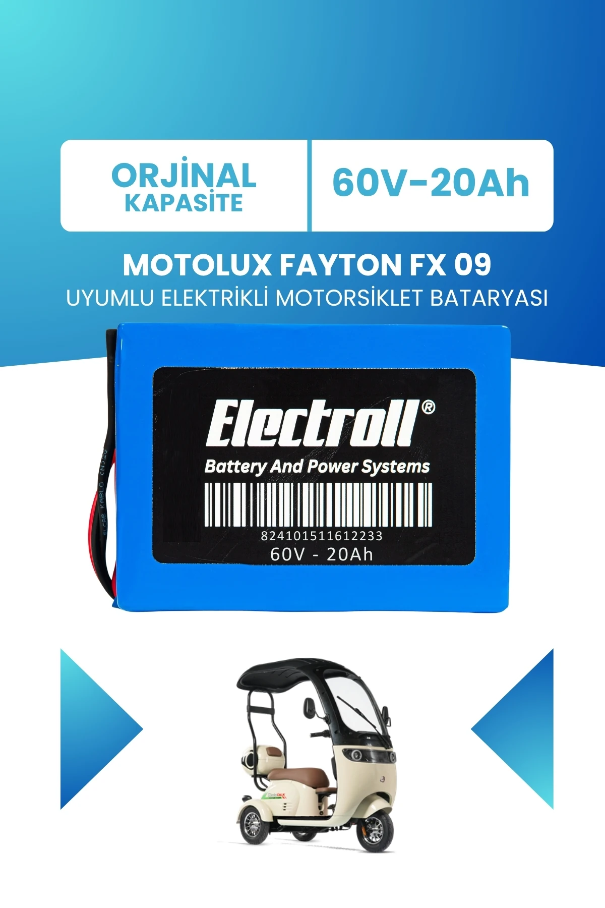 Motolux Fayton FX 09 Uyumlu Batarya (Standart Kapasite) LiFePO4 60V 20Ah Elektrikli Motorsiklet Bataryası