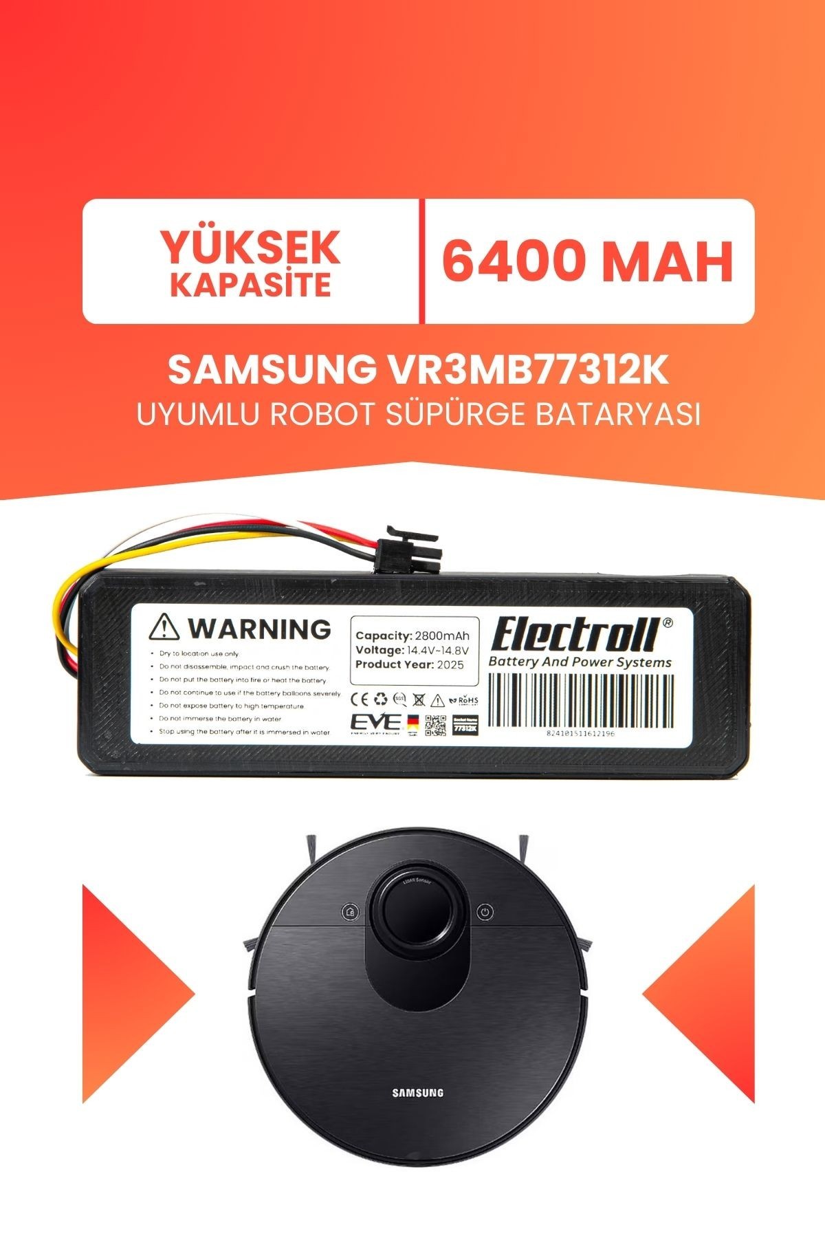Samsung Vr3mb77312k Uyumlu Batarya (ULTRA YÜKSEK KAPASİTE) 6400mah Robot Süpürge Bataryası Değişimi
