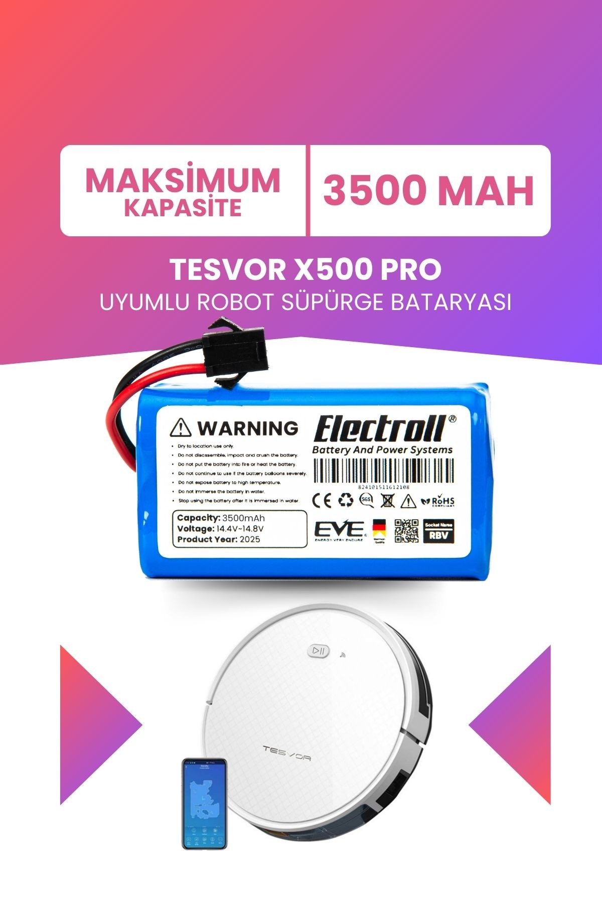 Tesvor X500 Pro Uyumlu Batarya (MAKSİMUM KAPASİTE) 3500mah Pil Robot Süpürge Bataryası