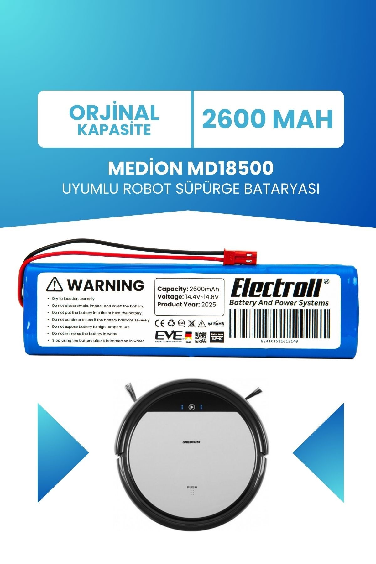 Medion Md18500 Uyumlu Batarya (ORJİNAL KAPASİTE) 2600mah Pil Robot Süpürge Bataryası Değişimi