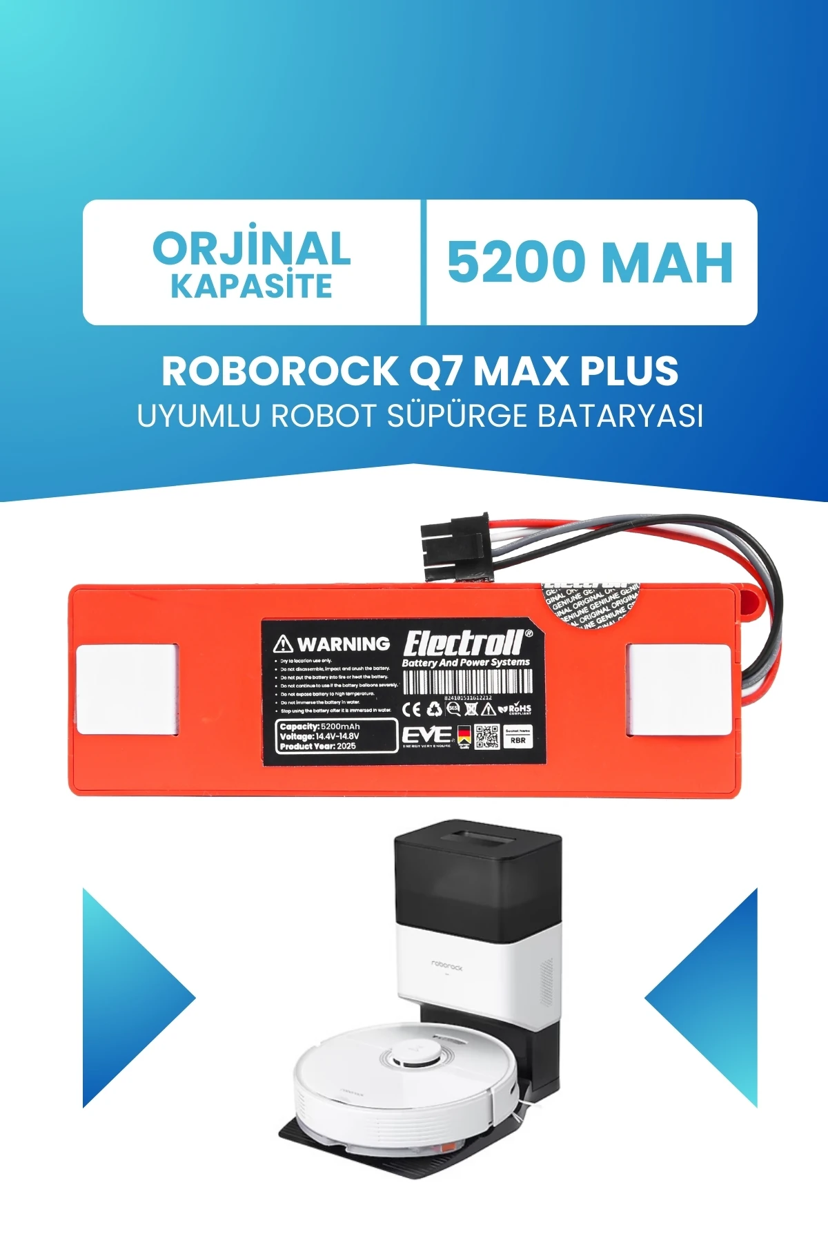 Roborock Q7 Max Plus Uyumlu Batarya (ORJİNAL KAPASİTE) 5200mah Robot Süpürge Bataryası Değişimi