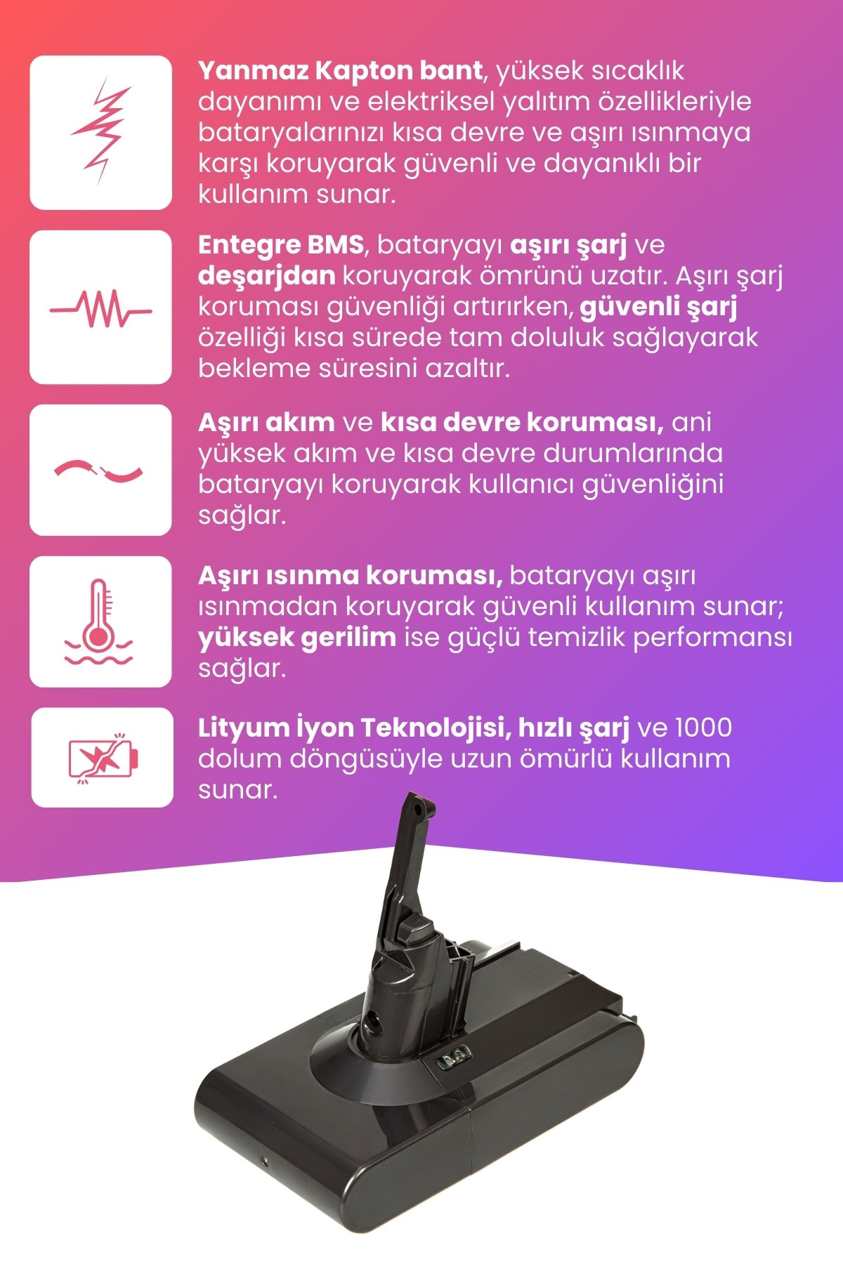 Dyson V8 Absolute Uyumlu Batarya 476547-01  (MAKSİMUM KAPASİTE) 21.6 V 4000mah Pil Şarjlı Dikey Süpürge Bataryası