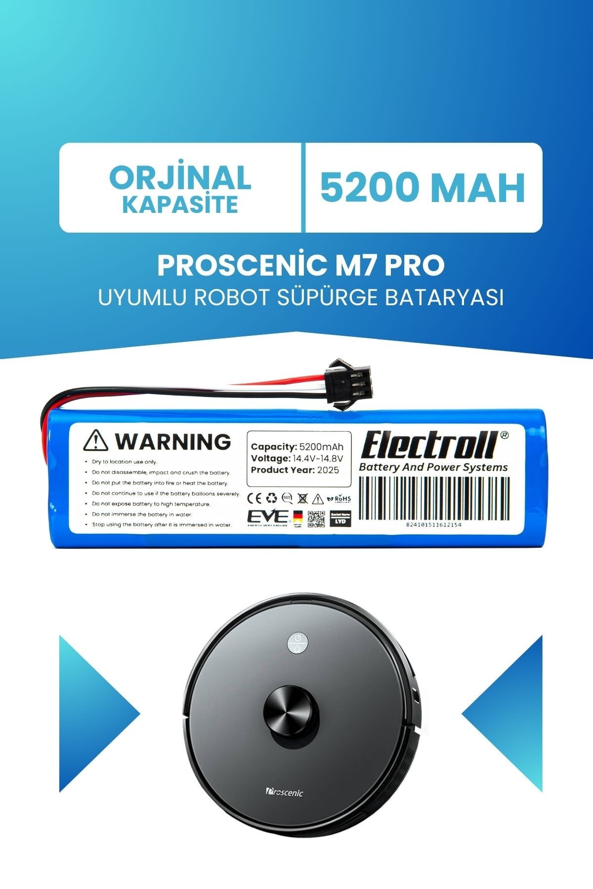Proscenic M7 Pro Uyumlu Batarya (ORJİNAL KAPASİTE) 5200mah Pil Robot Süpürge Bataryası Değişimi
