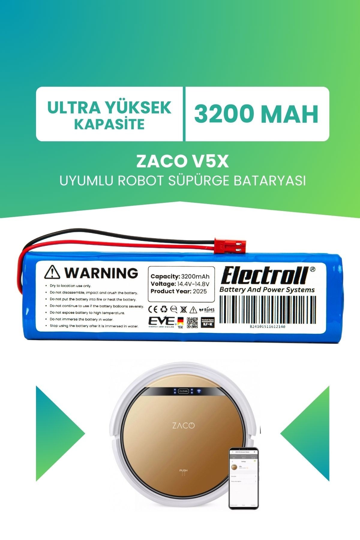 Zaco V5x Uyumlu Batarya (ULTRA YÜKSEK KAPASİTE) 3200mah Pil Robot Süpürge Bataryası Değişimi