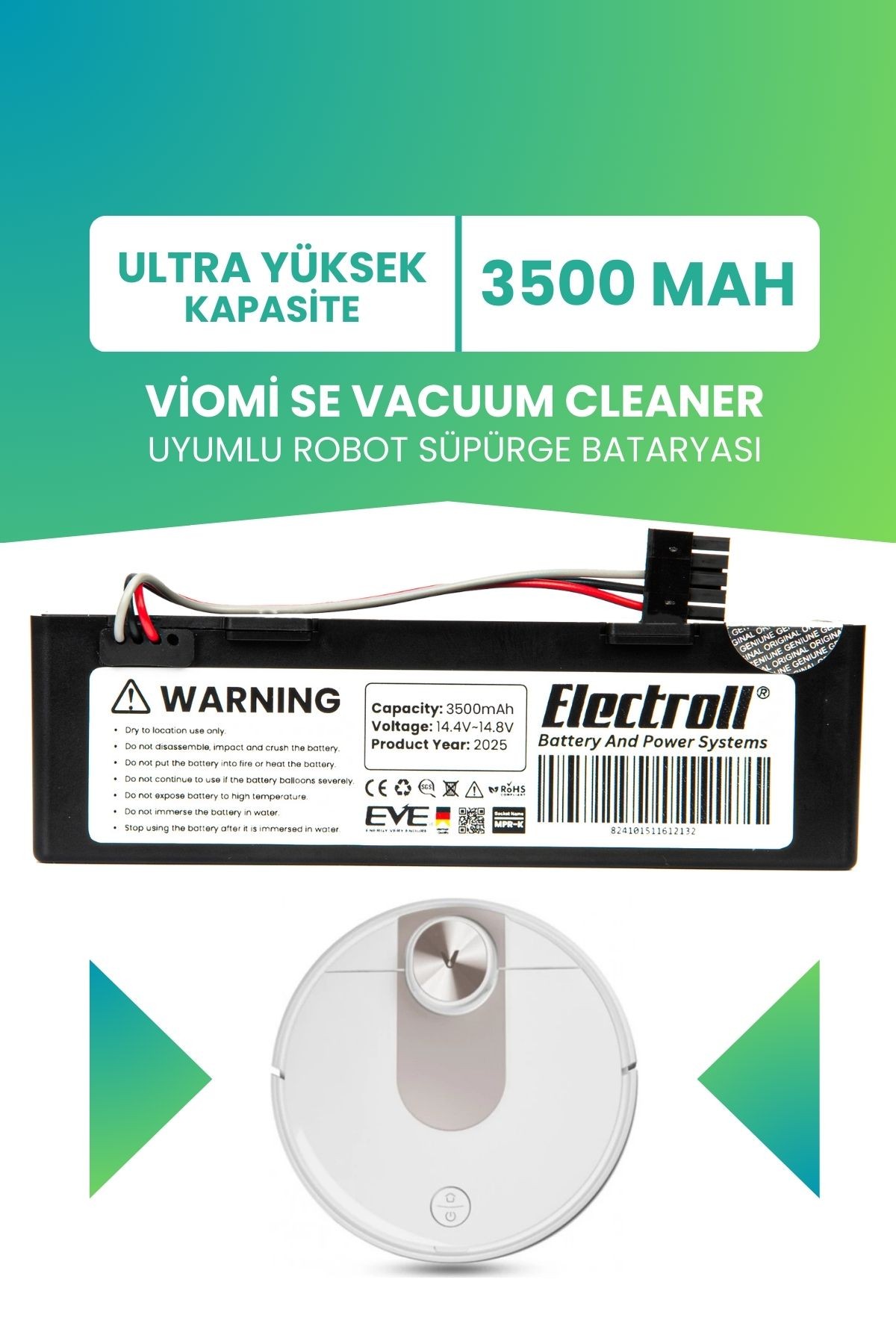 Viomi Se Vacuum Cleaner Uyumlu Batarya (ULTRA YÜKSEK KAPASİTE) 3500mah Kutulu Robot Süpürge Batarya